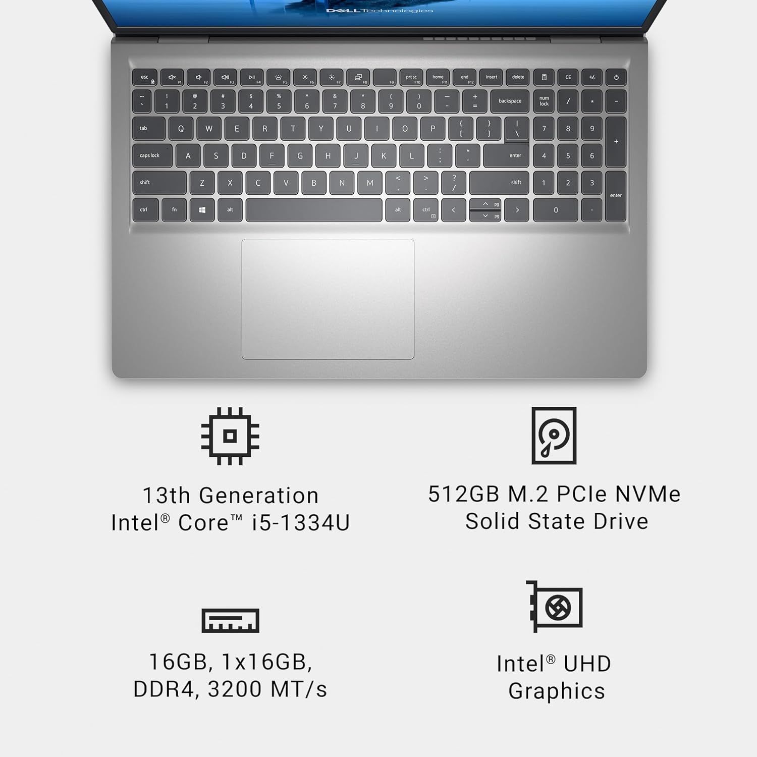 Communicates the laptop's key technical specifications across four distinct hardware categories to help shoppers understand the device's performance…