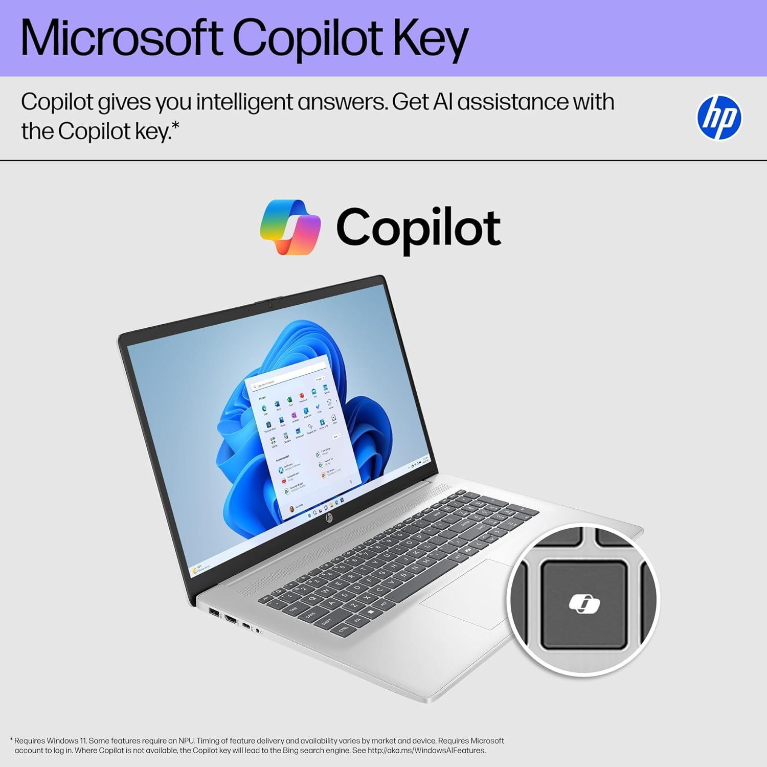 Highlights the dedicated Copilot key on the HP laptop keyboard that provides quick access to AI-powered assistance, emphasizing convenience and modern…