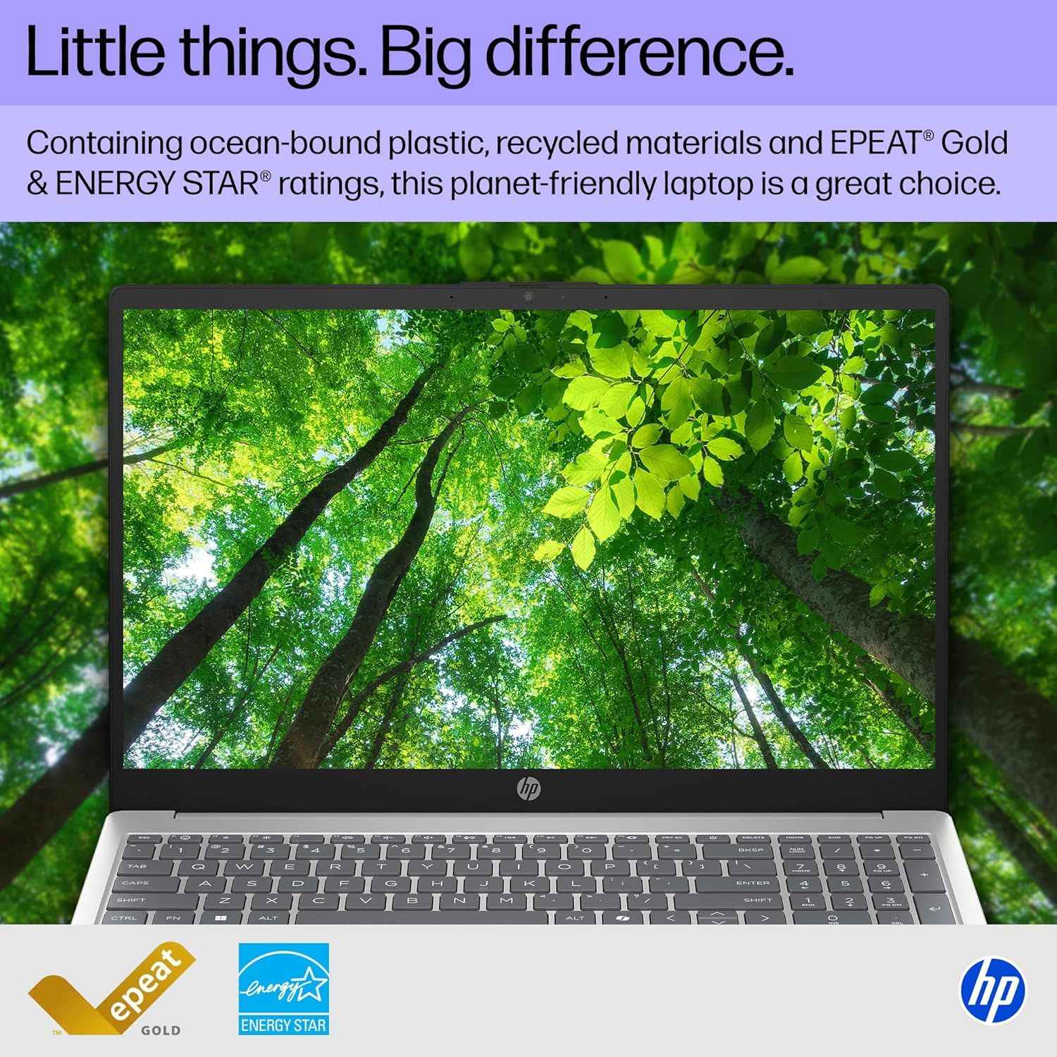 Communicates the laptop's environmental credentials and certifications to reassure eco-conscious shoppers that this is a sustainable, planet-friendly choice.…