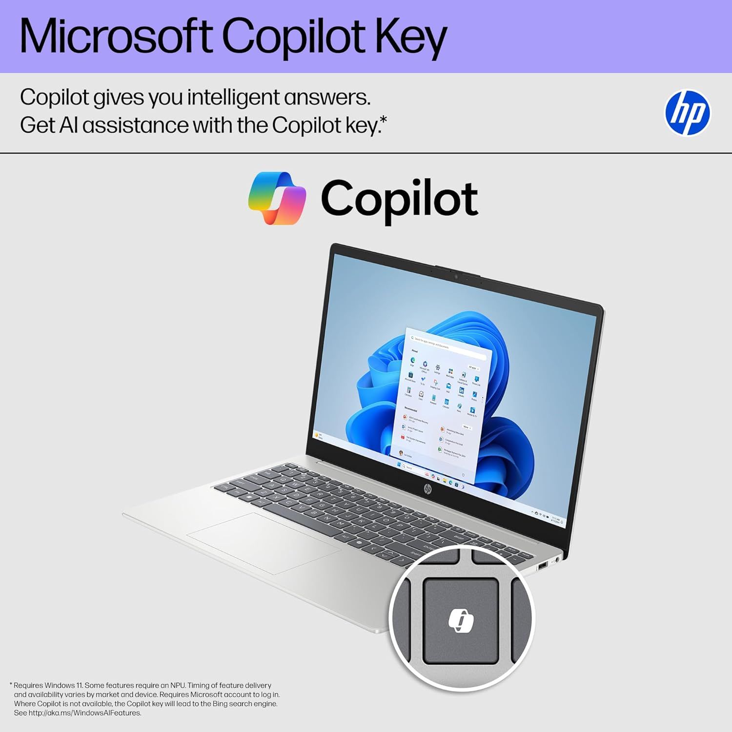 Highlights the physical location of the dedicated Copilot key on the HP laptop keyboard, showing shoppers where to find this AI assistance feature.…