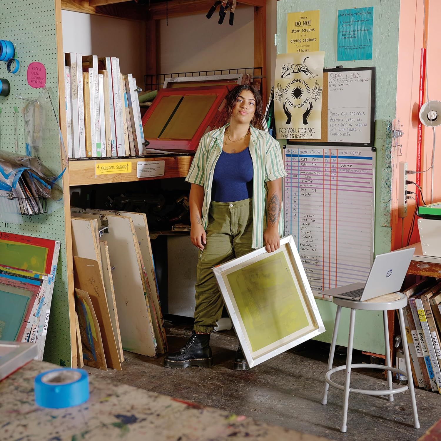 Showcases the product (screen printing or art-related product) in an authentic, real-world creative workspace to build emotional connection and demonstrate…