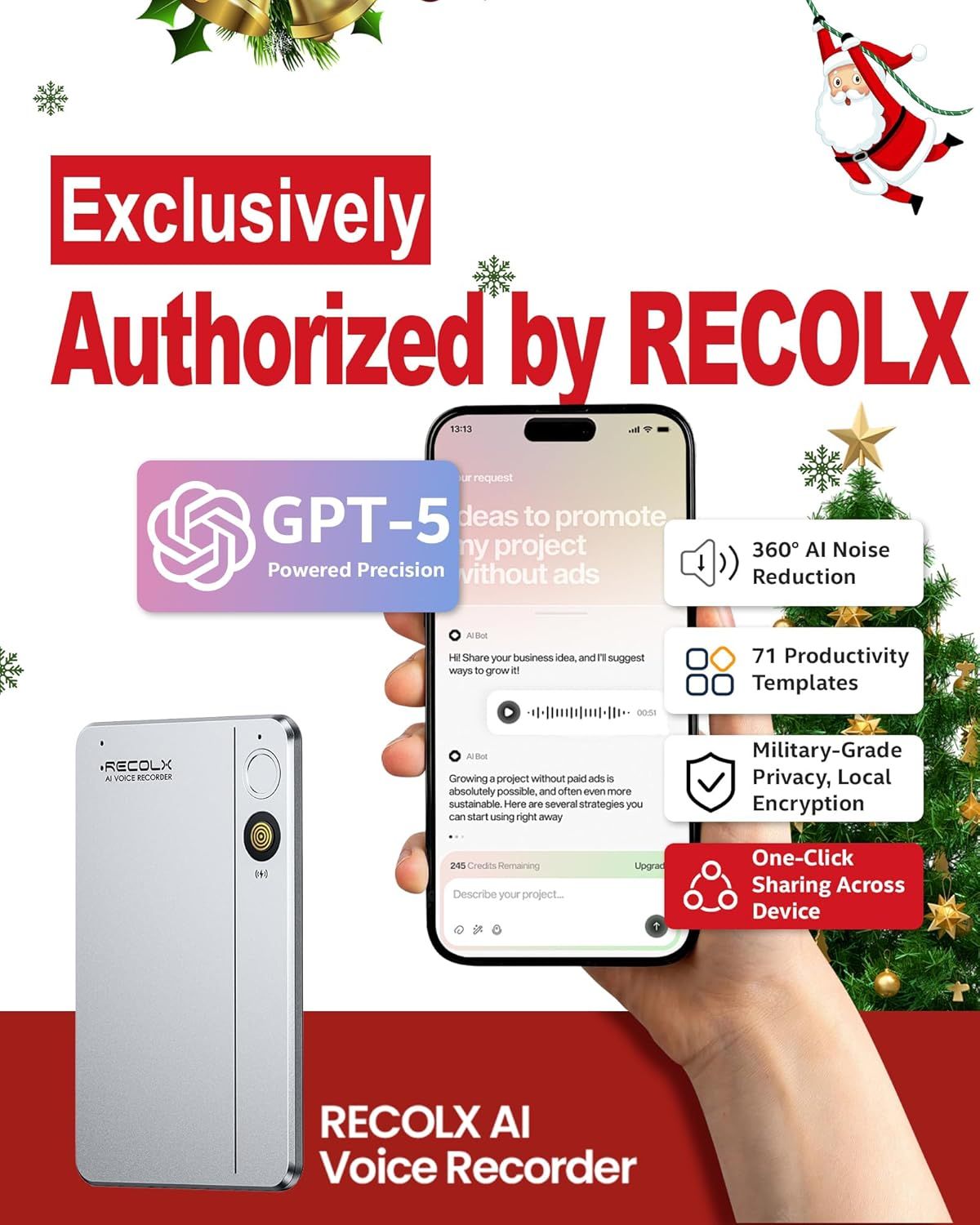 Showcases multiple distinct features and benefits of the RECOLX AI Voice Recorder in a segmented layout, highlighting its advanced AI capabilities, noise…