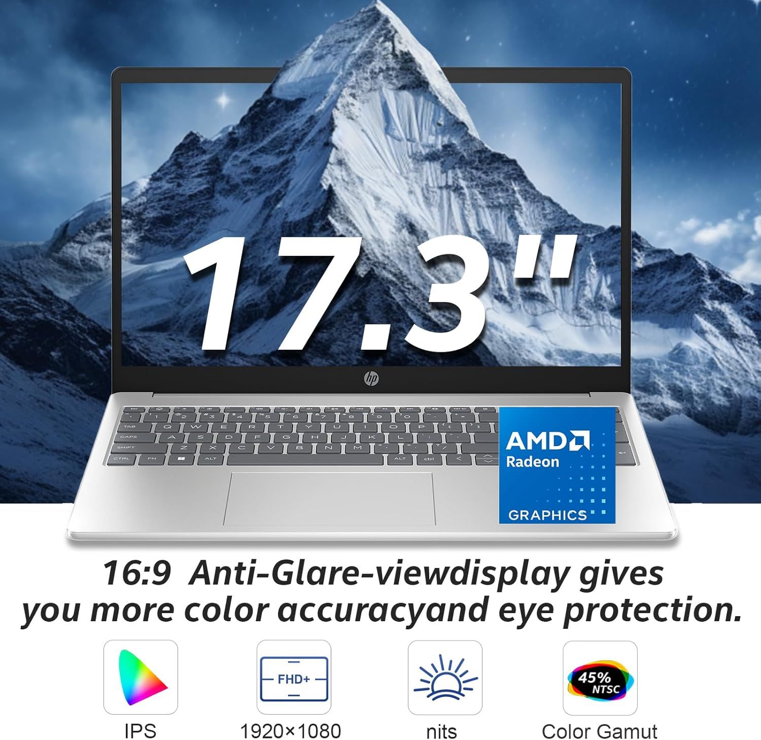 Communicates multiple technical specifications and benefits of the laptop's display, including screen size, graphics capability, anti-glare technology, and…