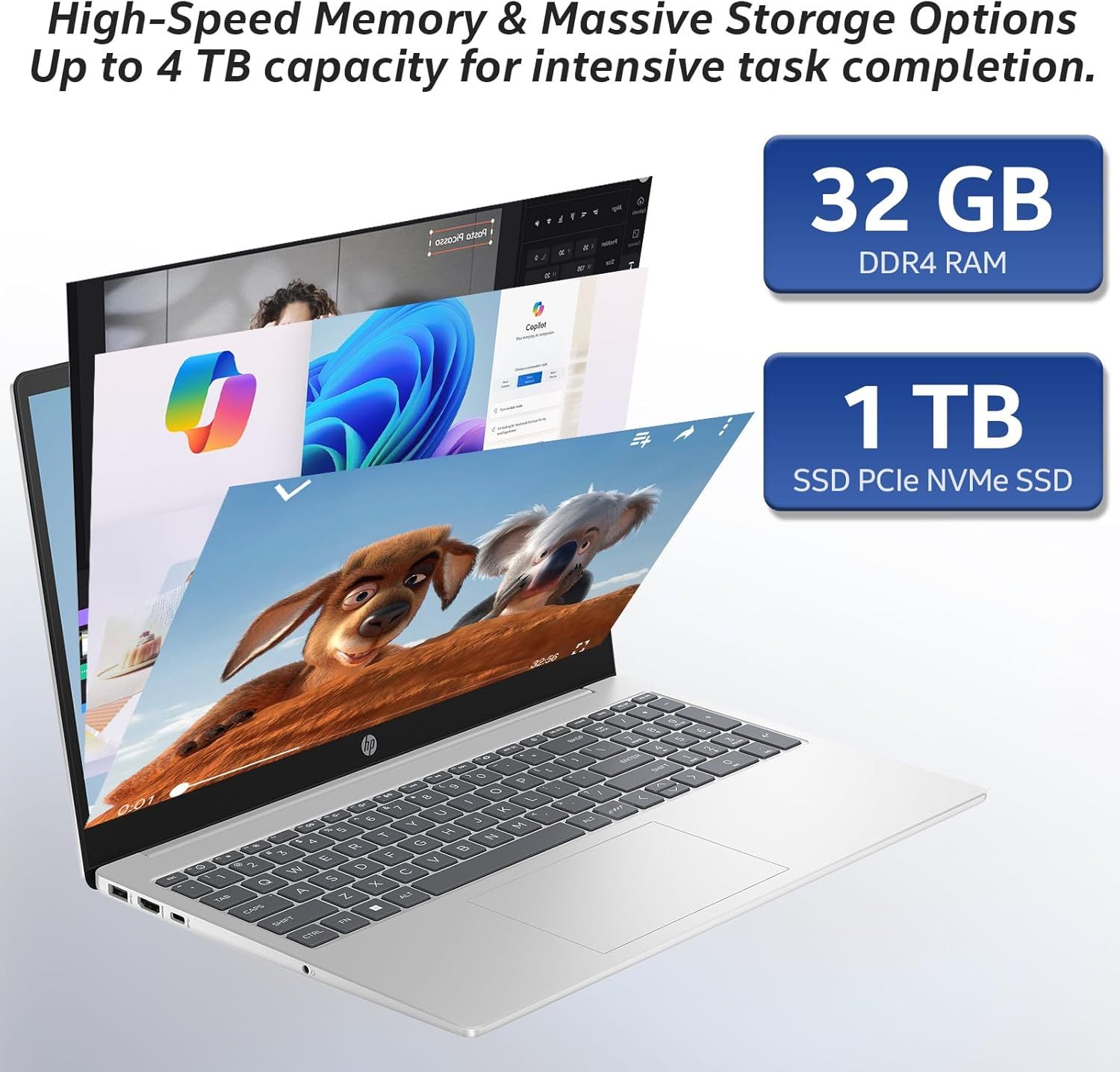 Communicates the laptop's powerful technical specifications—high-capacity RAM and storage—to reassure shoppers that it can handle intensive multitasking and…
