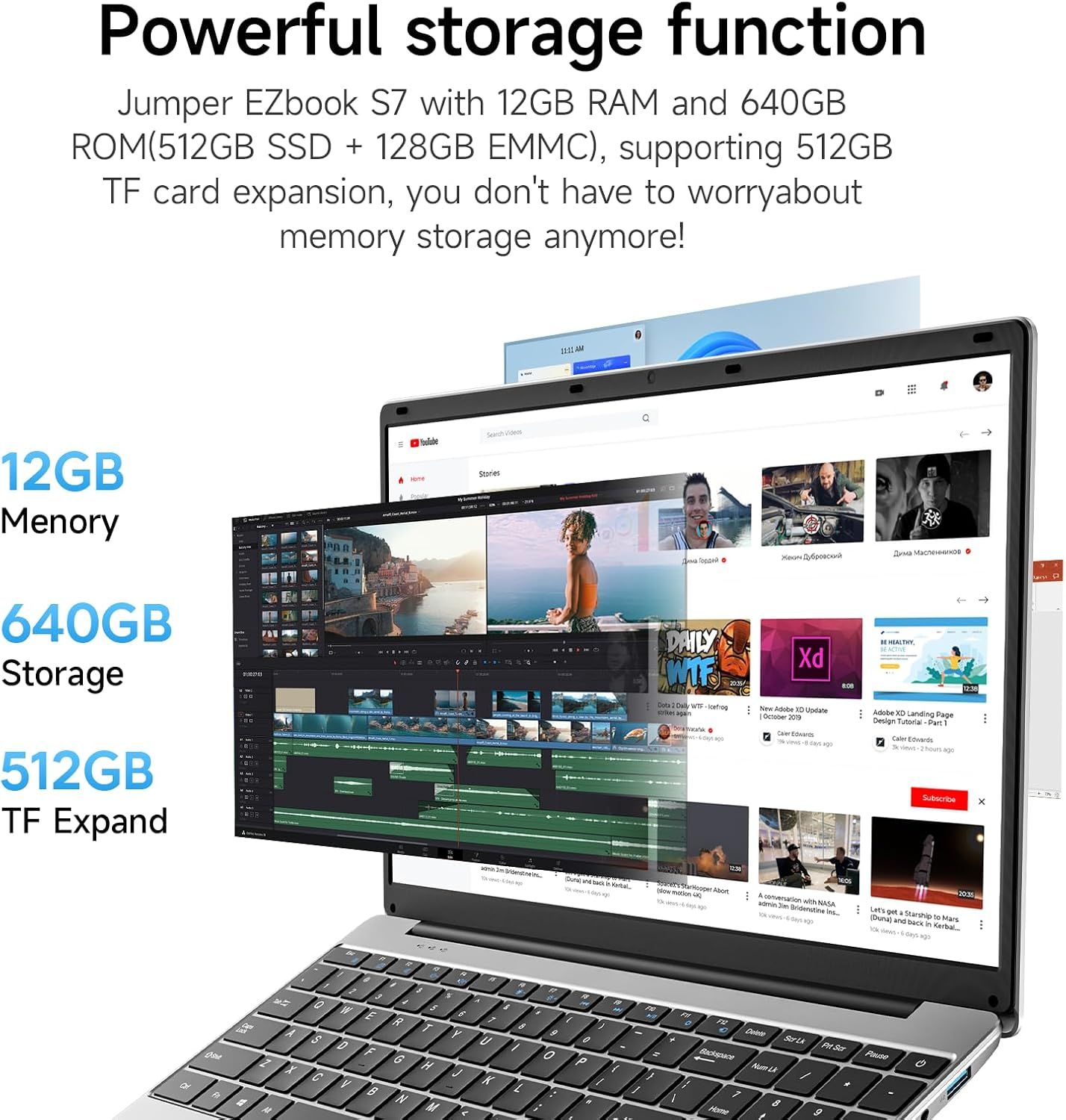 Communicates the laptop's impressive storage and memory specifications (12GB RAM, 640GB ROM, 512GB TF card expansion) to reassure shoppers they won't run out…