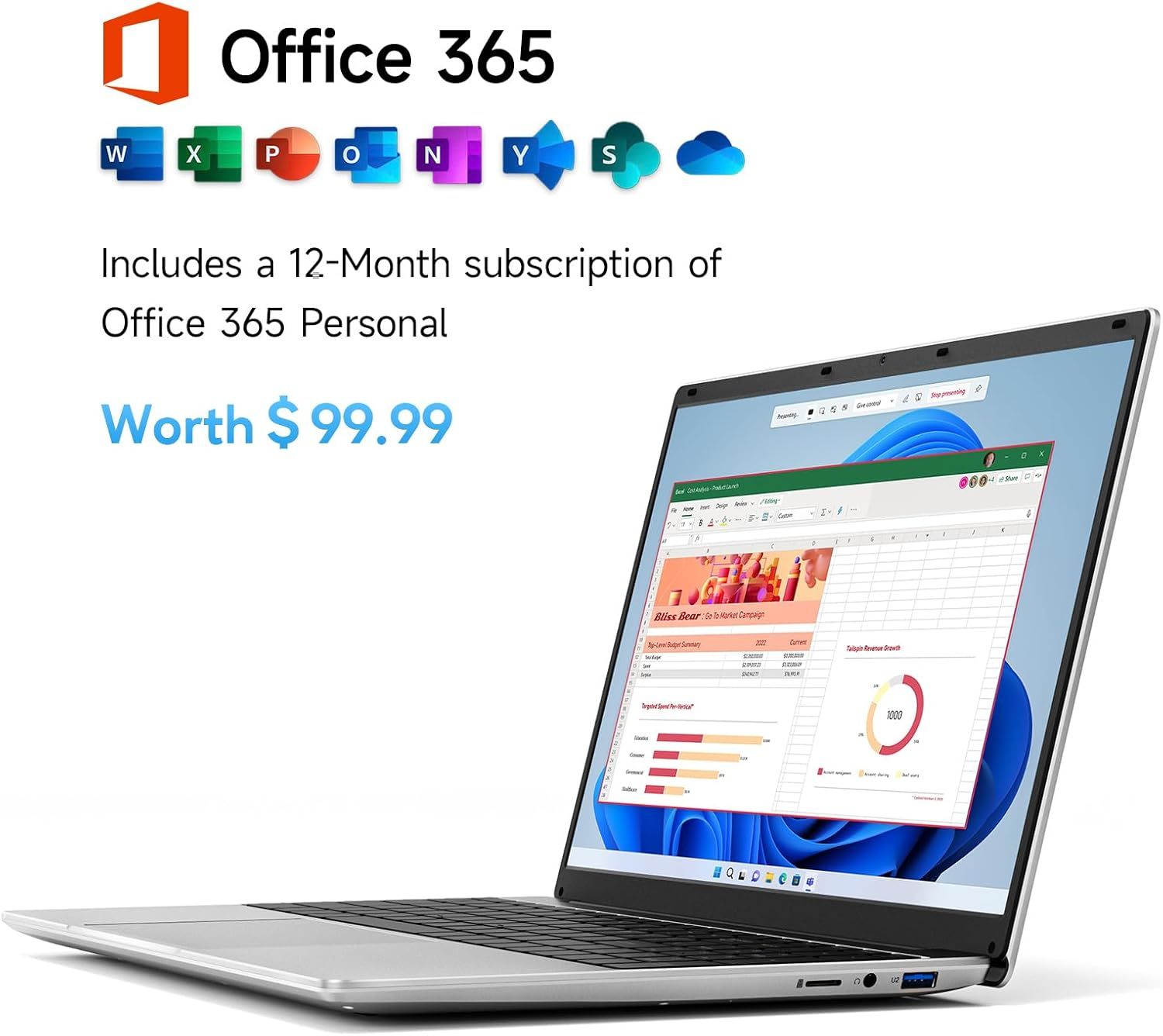 Communicates the monetary value of the included Office 365 subscription to emphasize the deal and value proposition of the purchase. Highlights that the…