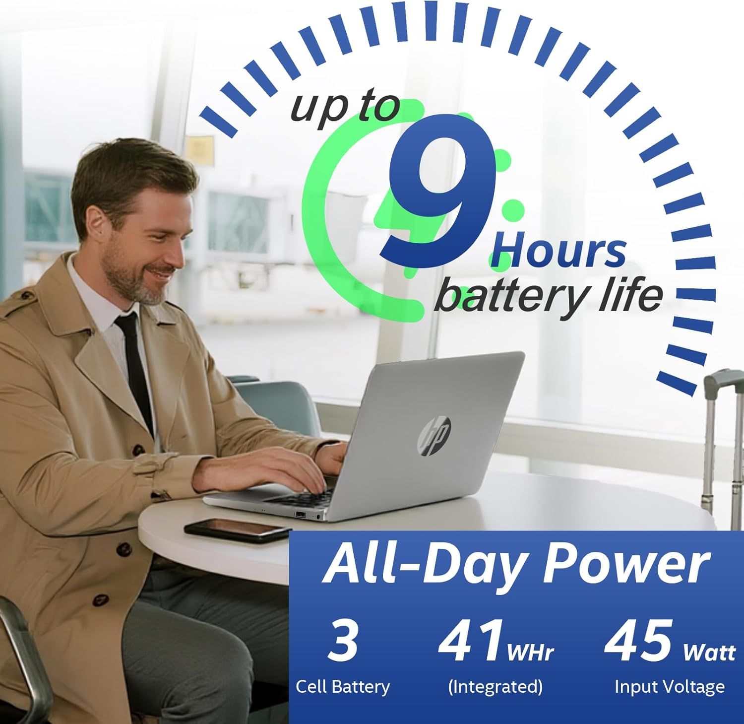 Communicates the laptop's impressive battery performance with up to 9 hours of runtime and technical specifications to reassure shoppers about all-day…