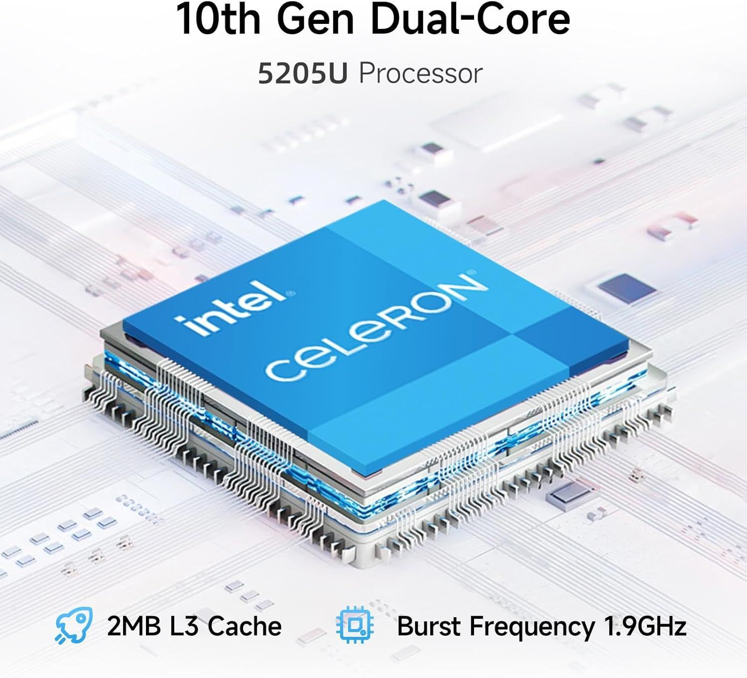 Communicates the technical specifications and performance capabilities of the Intel Celeron processor to inform shoppers about the computing power and speed.