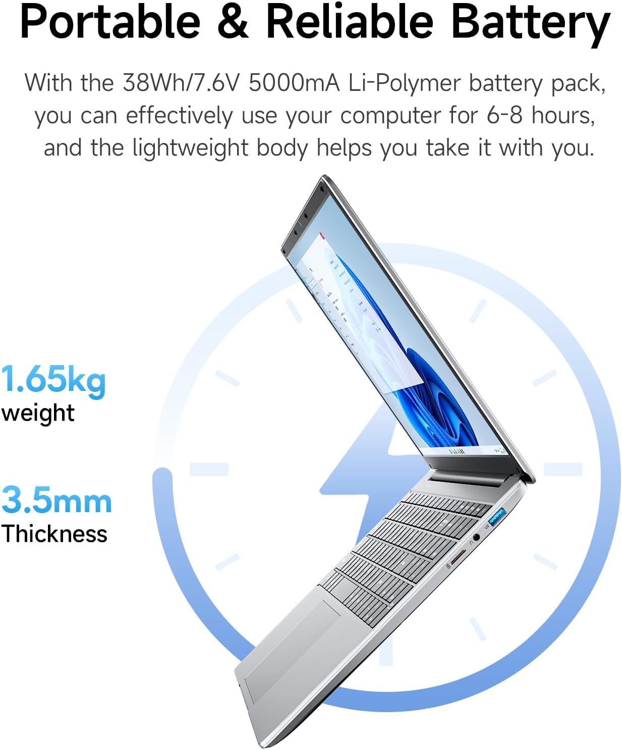 Communicates multiple key benefits of the laptop including long battery life (6-8 hours), portability (1.65kg weight), and slim design (3.5mm thickness) to…
