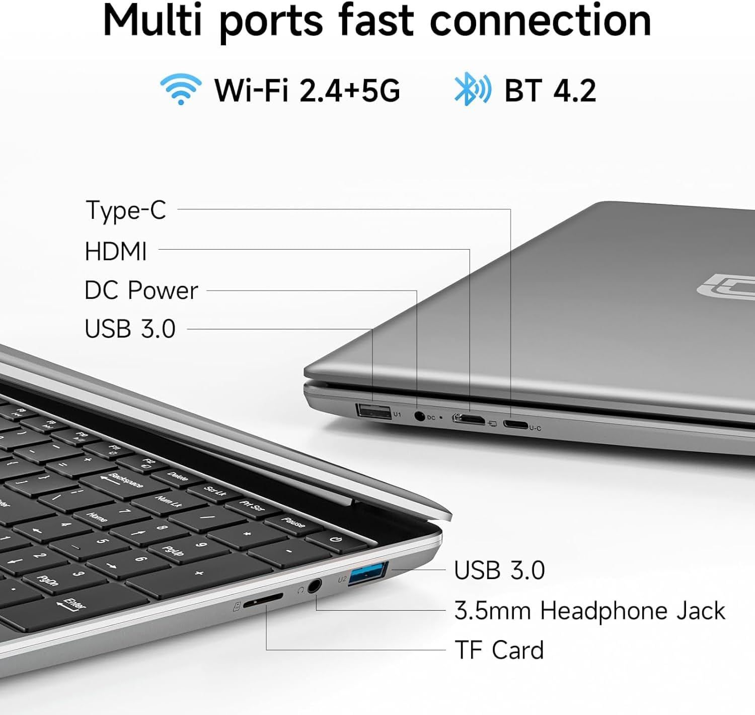 This image breaks down the laptop's physical ports and connectivity options to show shoppers all available connection types and wireless capabilities,…