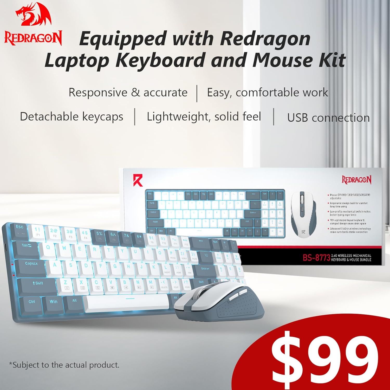 Communicates multiple distinct benefits of the keyboard and mouse kit in a segmented text layout to help shoppers understand the product's key features and…
