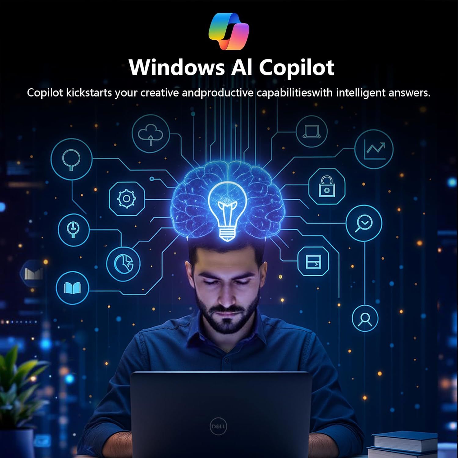 Communicates the comprehensive AI capabilities of Windows Copilot by showing multiple distinct functions (cloud, security, analytics, time management, etc.)…