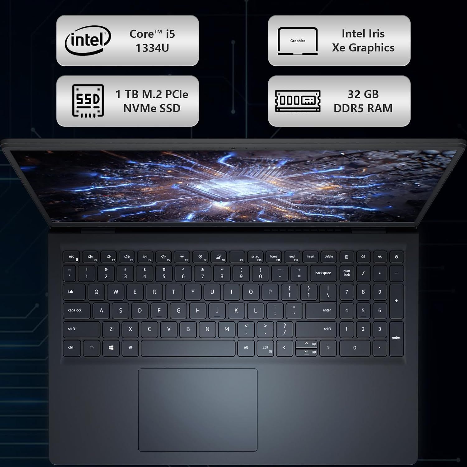 Communicates the laptop's key technical specifications across four distinct callout panels to help shoppers quickly understand the device's processing power,…