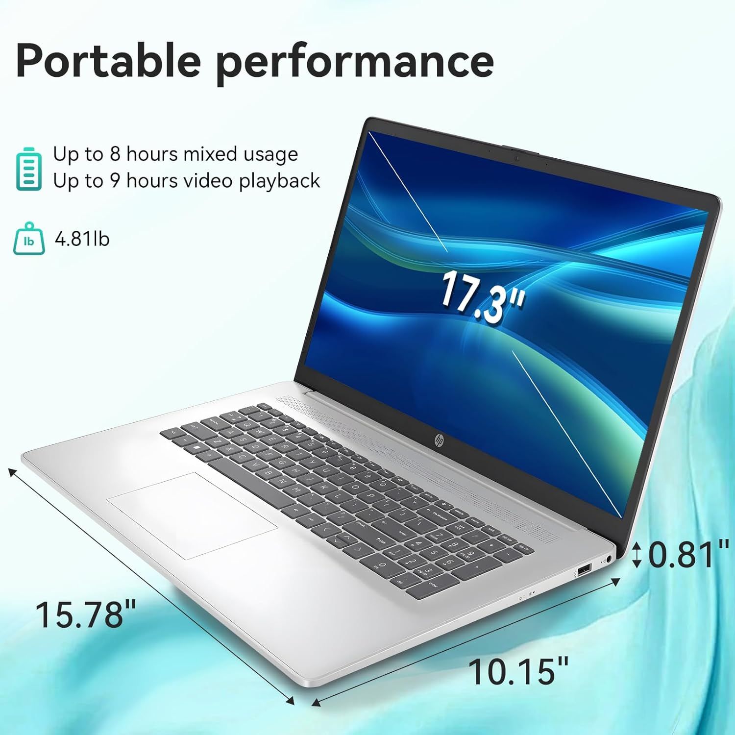 Communicates the laptop's physical dimensions (15.78" x 10.15" x 0.81"), screen size (17.3"), and lightweight design (4.81lb) to help shoppers understand…