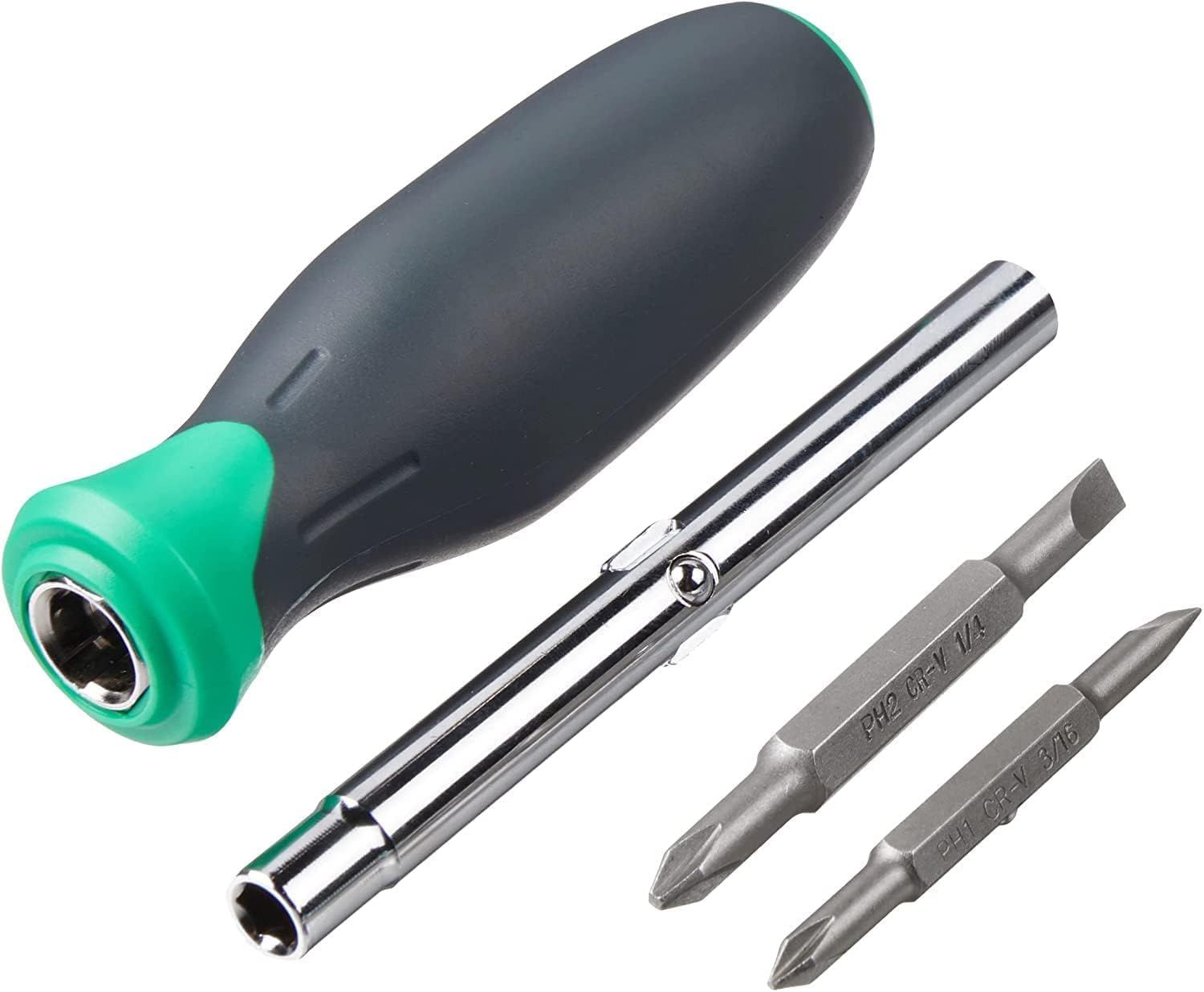 Shows the customer everything included in the purchase: a screwdriver handle with ergonomic grip, an extension bar, and multiple screwdriver bits,…