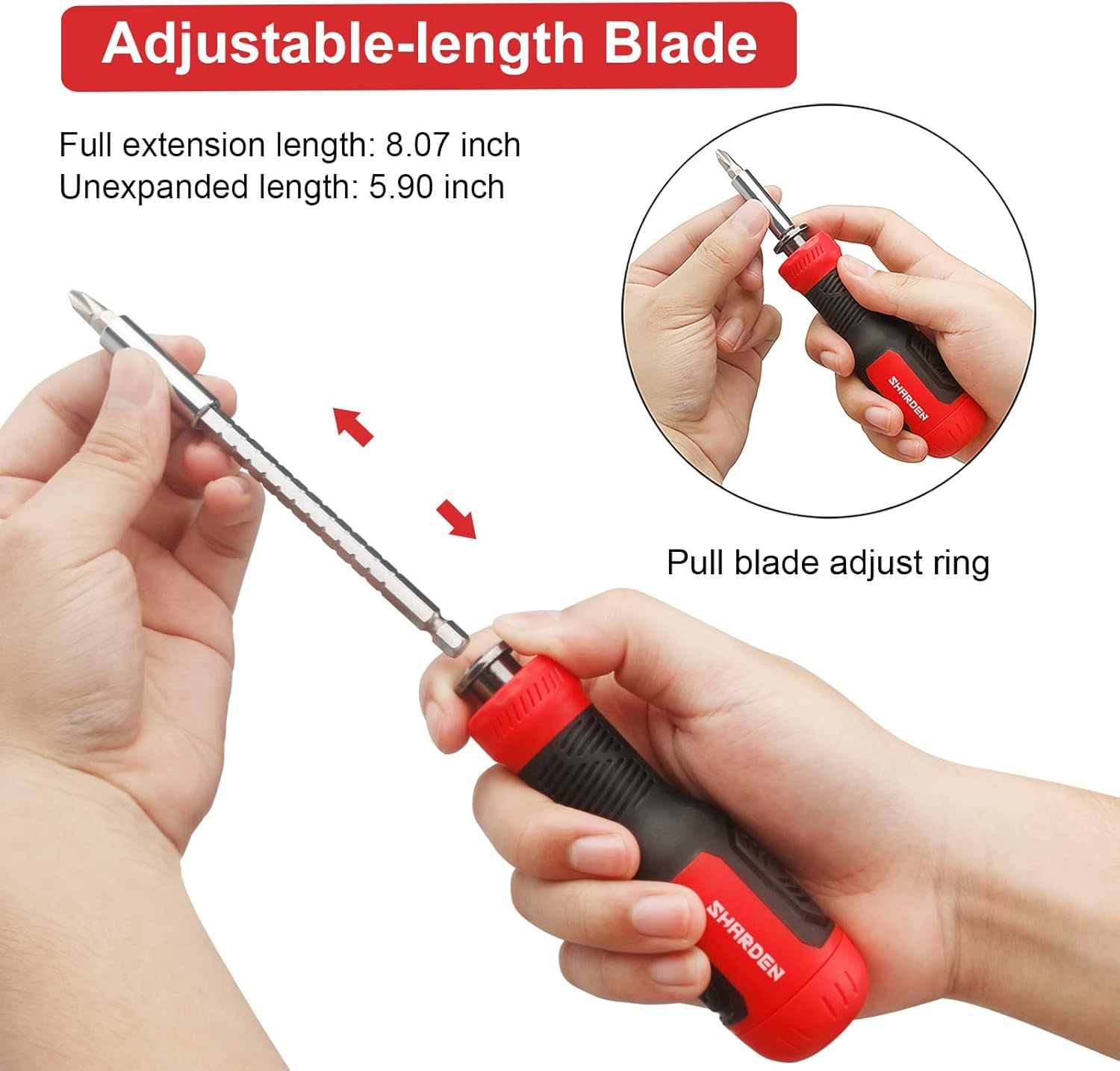 Demonstrates how to adjust the blade length by pulling the blade adjust ring, showing the tool's flexibility and ease of use. Highlights the adjustable blade…