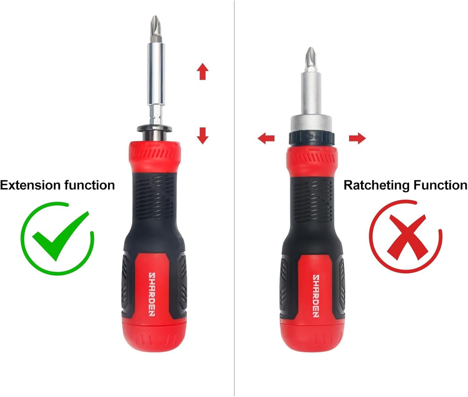 Demonstrates the correct way to use the screwdriver by showing the extension function works (green checkmark) while the ratcheting function does not (red X),…