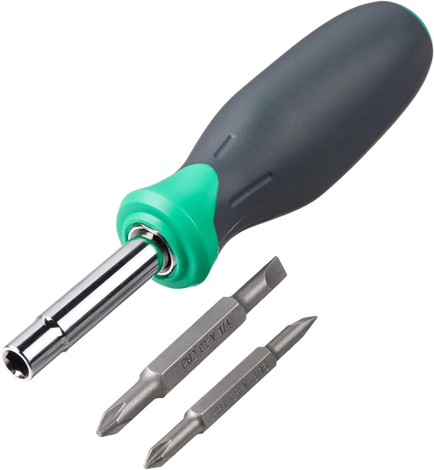 Shows the customer everything included in the purchase: the screwdriver handle with magnetic bit holder and two interchangeable screwdriver bits,…