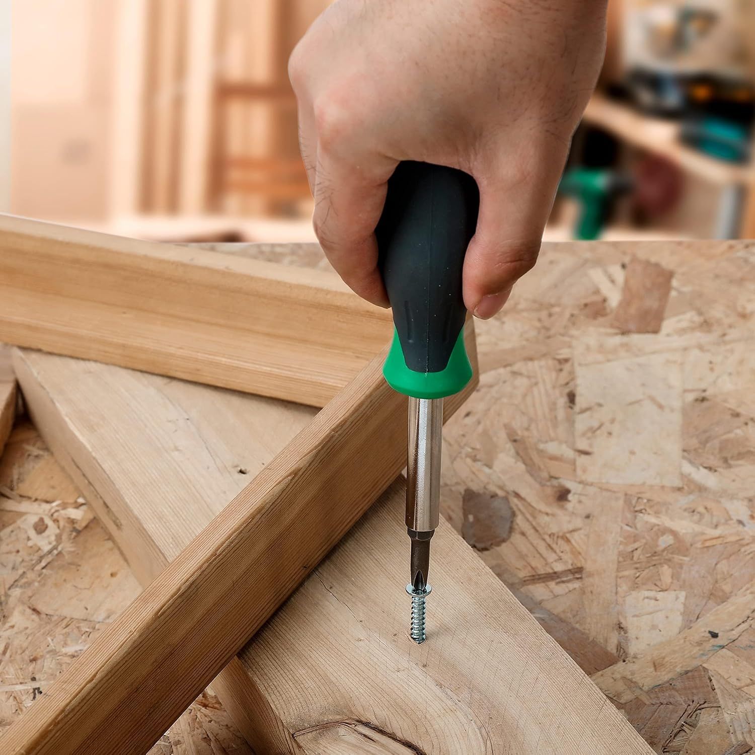 Demonstrates how to use the screwdriver tool for assembly or woodworking tasks, reassuring shoppers that the product is straightforward to use in real-world…