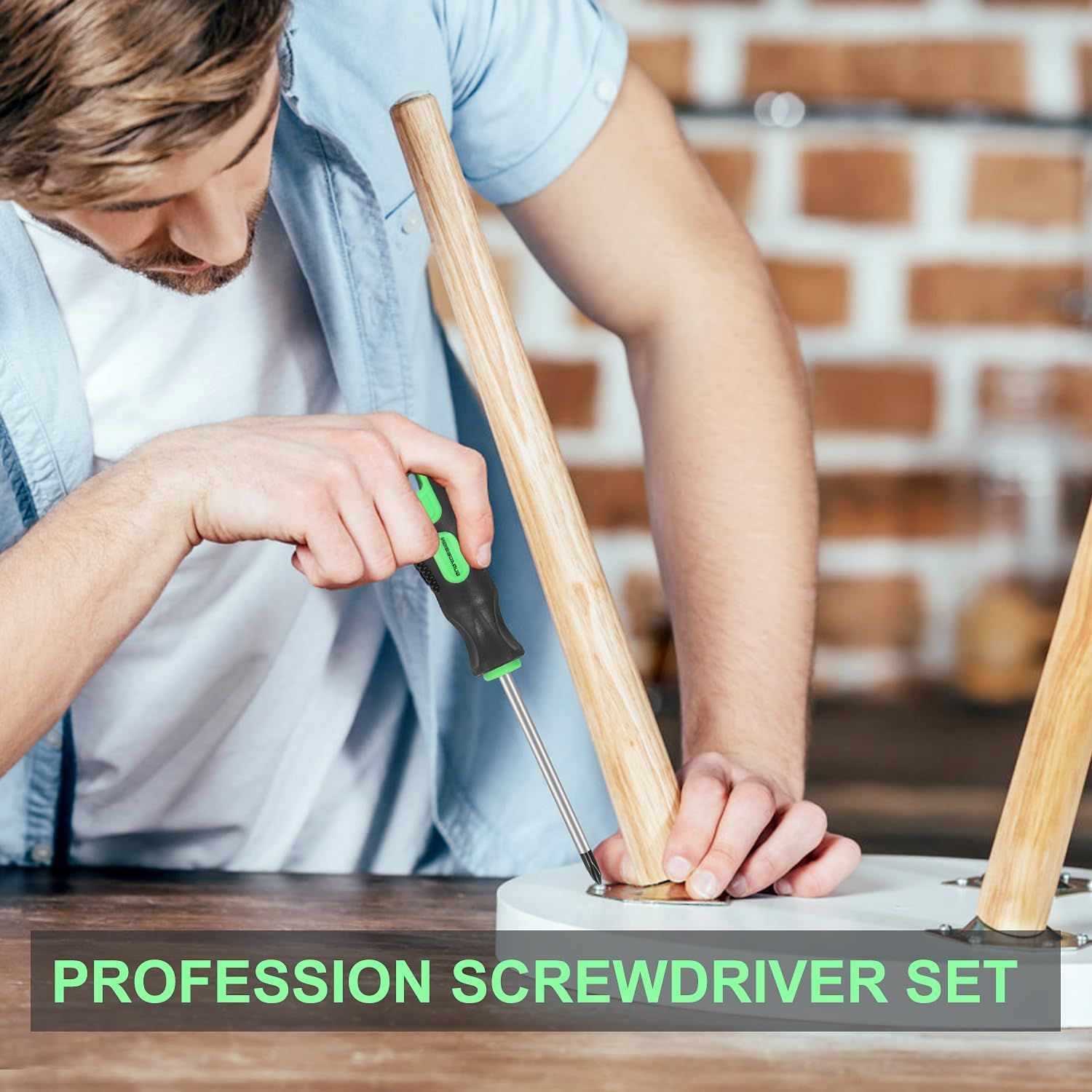 Shows the screwdriver set being used in an authentic home setting to help shoppers visualize themselves using the product for furniture assembly or DIY…