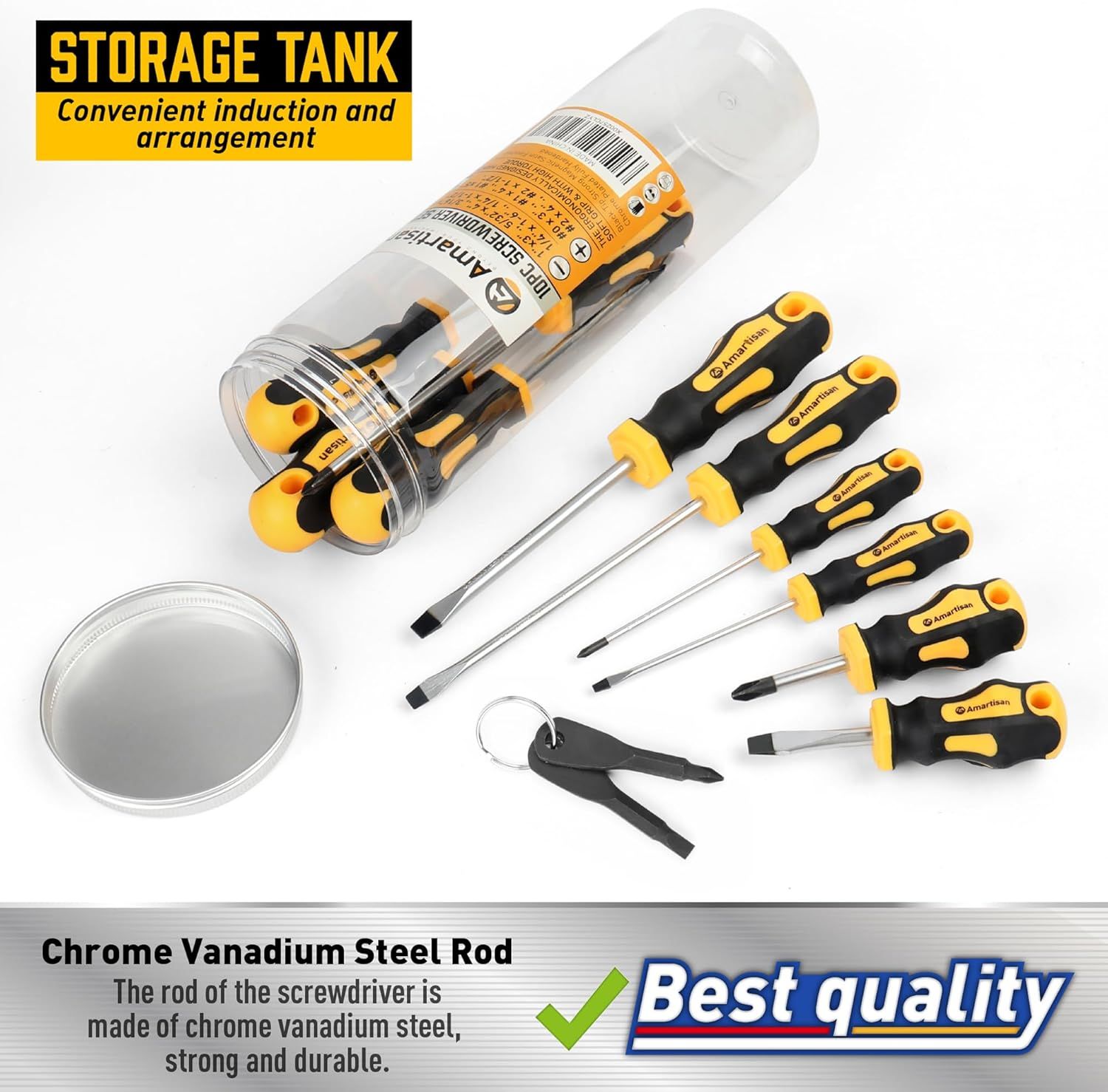 Shows the customer everything included in the purchase: multiple screwdrivers with ergonomic handles, a storage tank with convenient organization, and bonus accessories, demonstrating the complete…