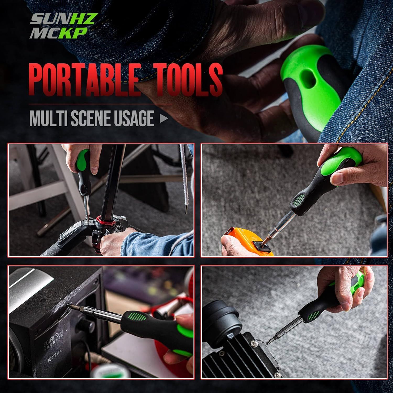 Demonstrates the portable tool's versatility by showing it being used in multiple different scenarios—bike repair, small electronics repair, computer maintenance, and camera equipment maintenance—to…
