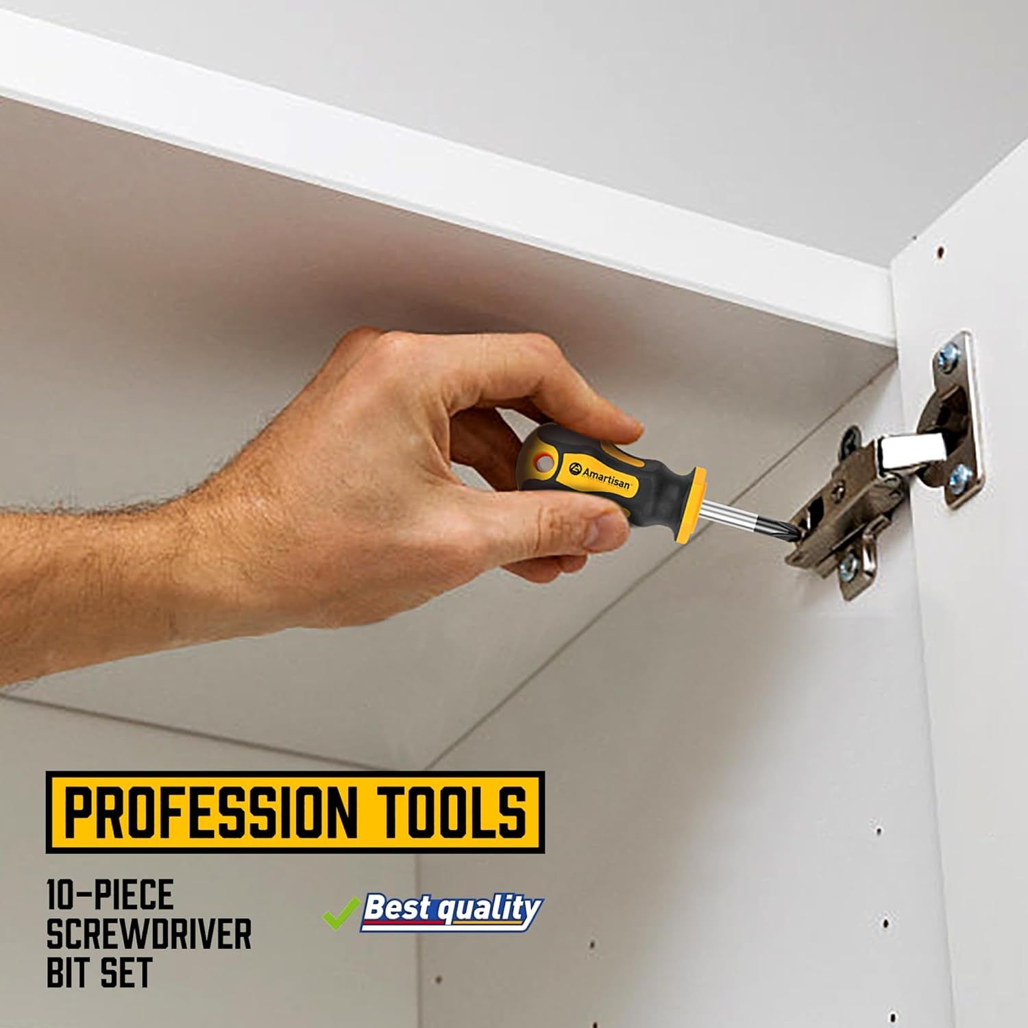 Demonstrates how to use the screwdriver set for cabinet hinge installation, showing the product in a practical real-world application to help shoppers…