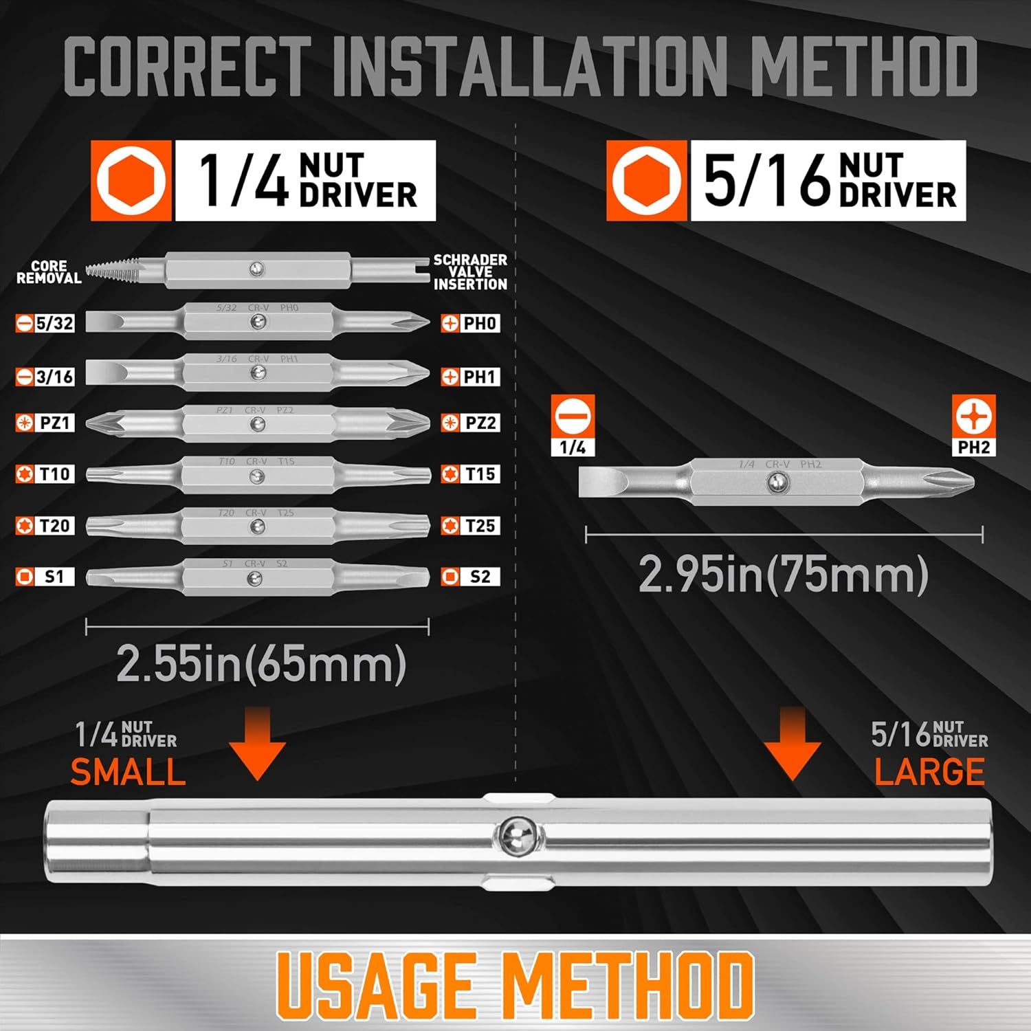 Instructs shoppers on the proper installation method for different nut driver sizes, showing which bits to use with each driver type and their correct…