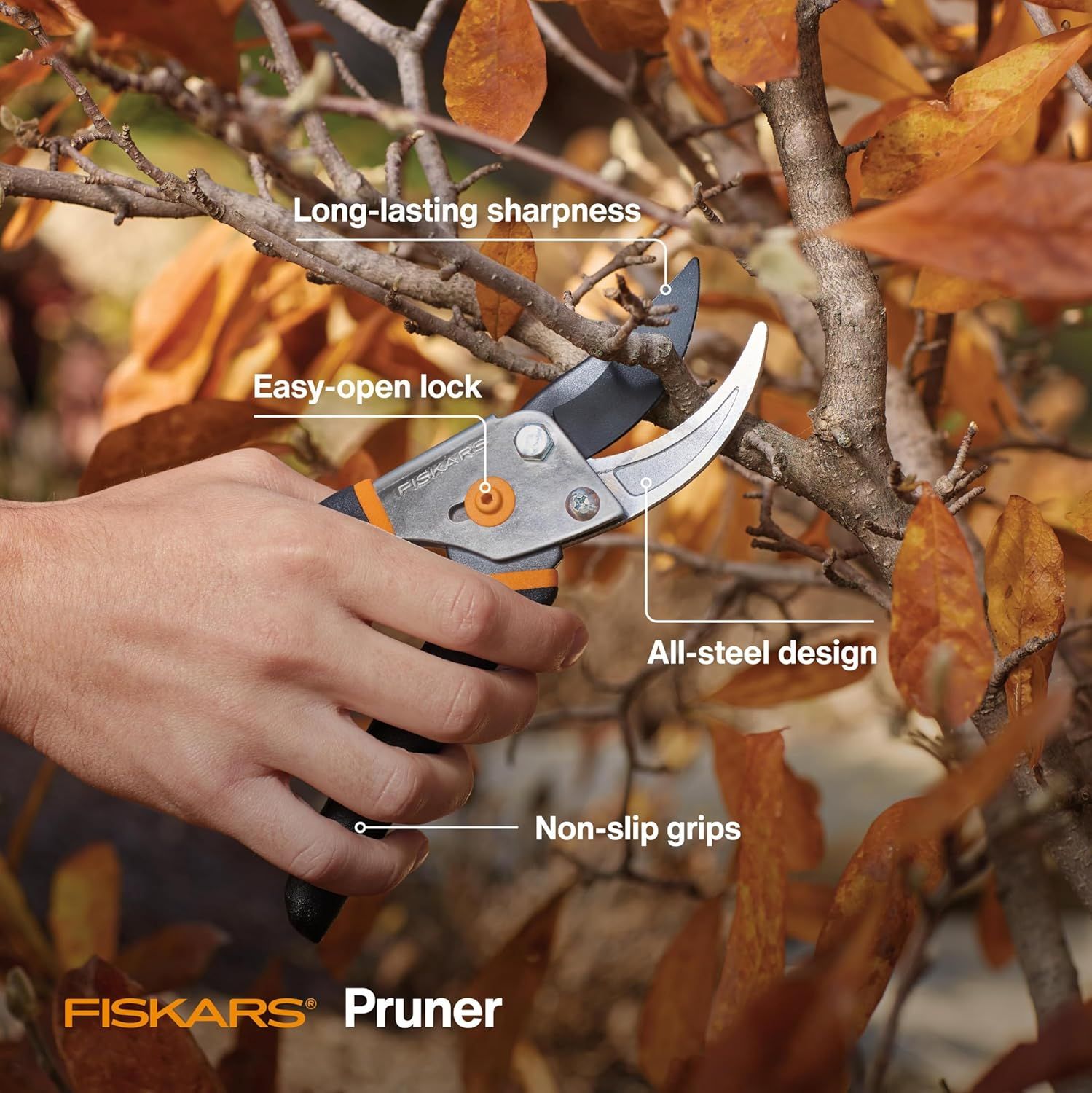 This image breaks down the pruner's key physical components and features using callout lines and labels, helping shoppers understand the construction quality and functional design elements that make…