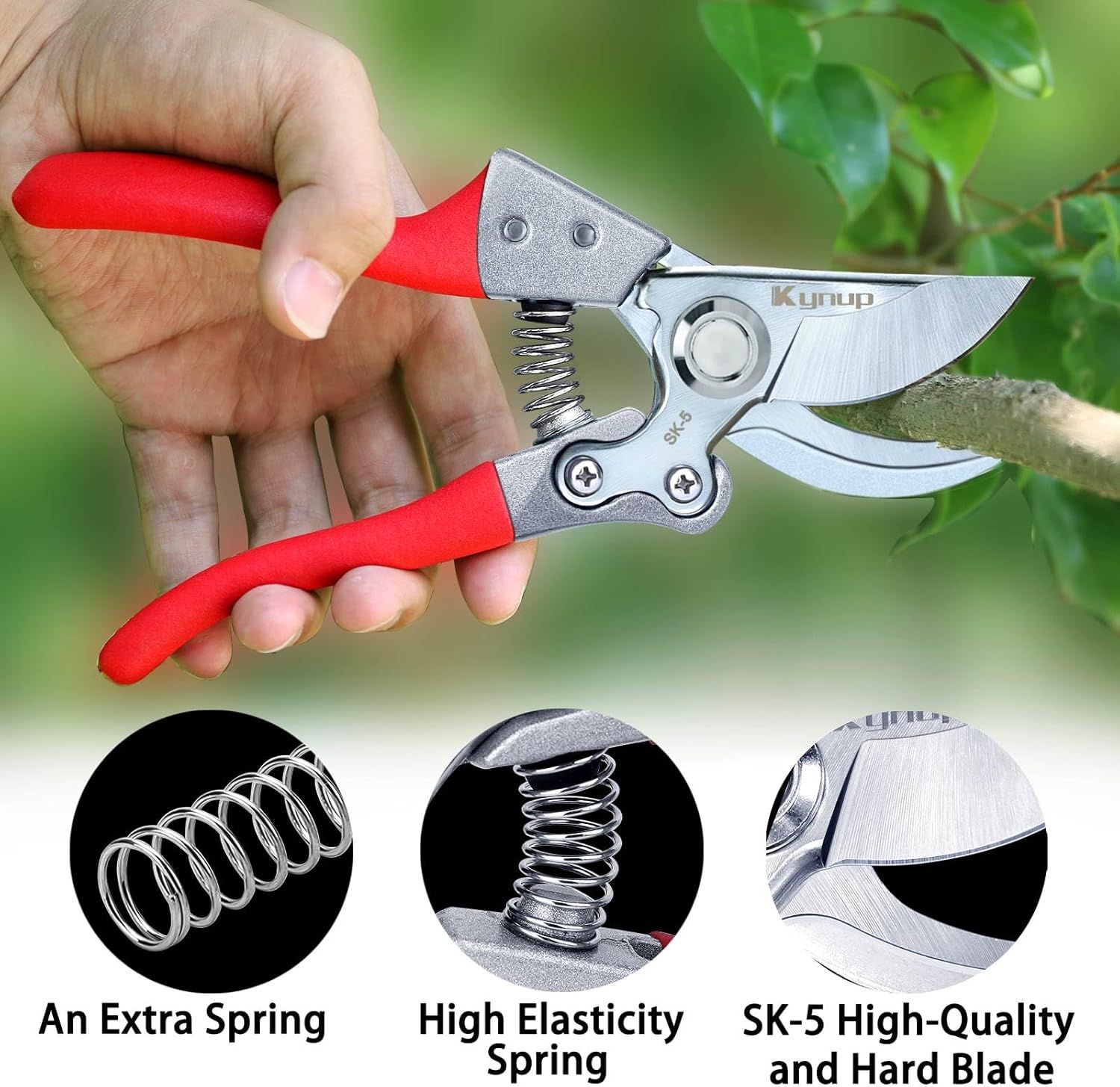 Highlights three distinct product features—an extra spring for backup, a high-elasticity spring mechanism for smooth operation, and a premium SK-5 steel…