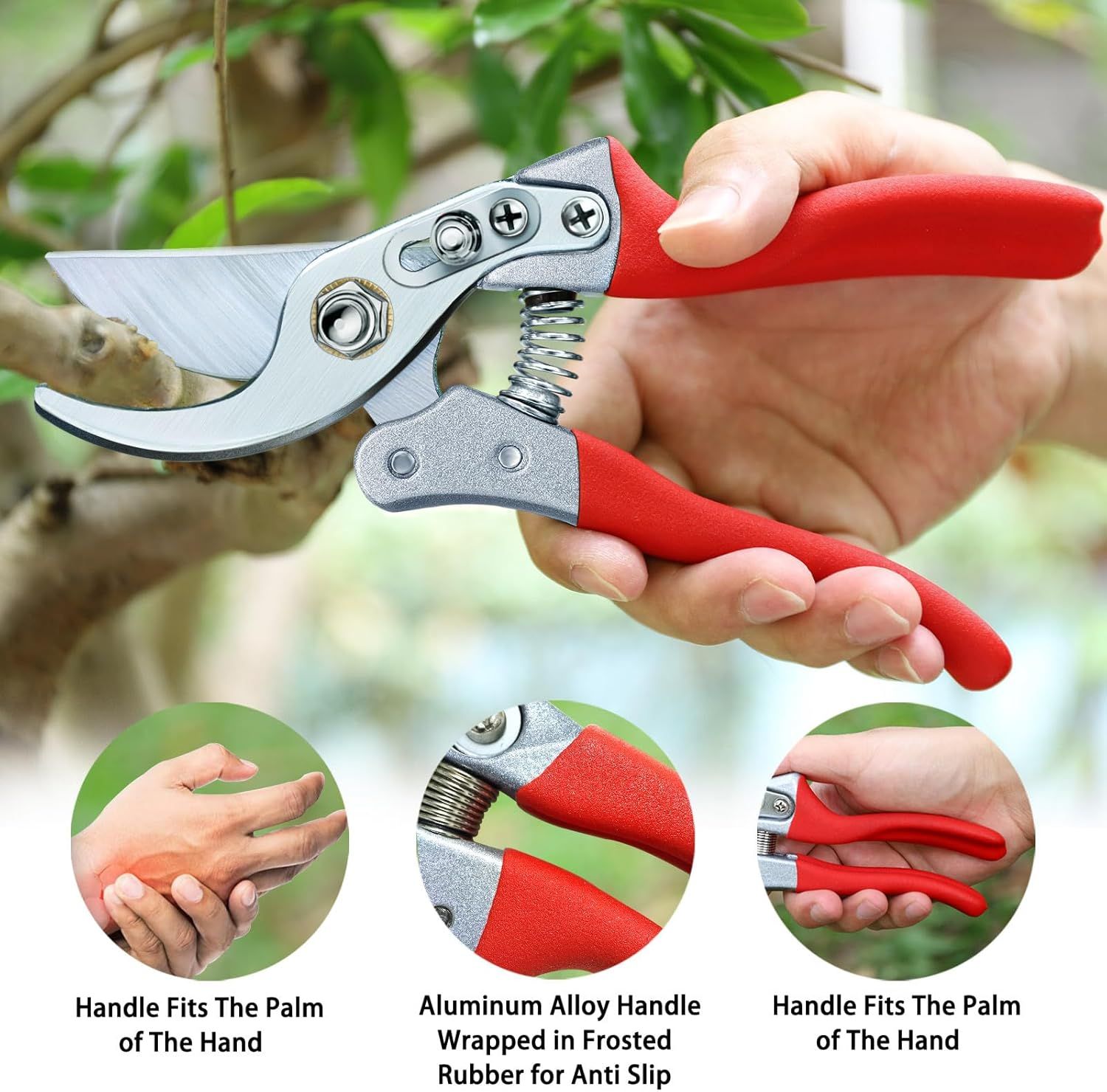 Highlights multiple distinct benefits of the pruning shears including ergonomic palm-fitting design, durable aluminum alloy handle with anti-slip rubber…