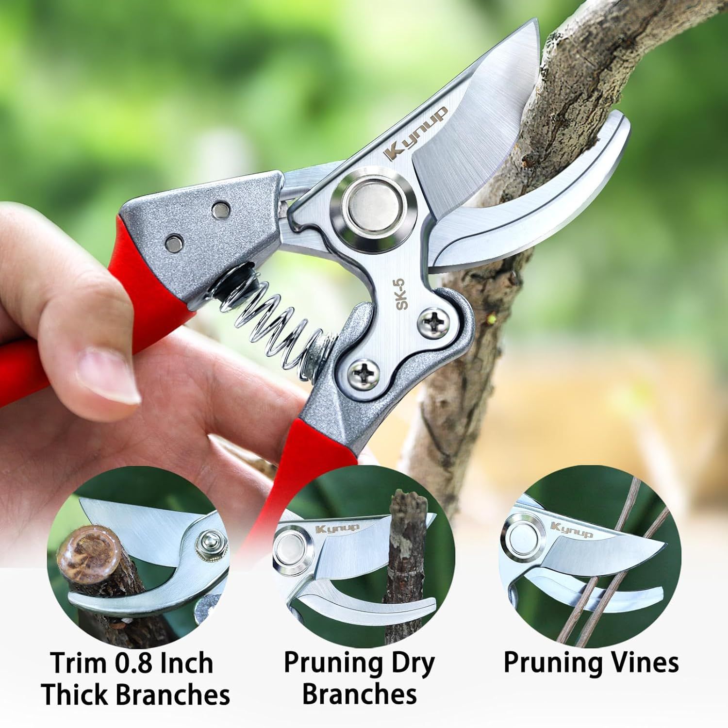 Demonstrates the versatility of the pruning shears by showing three distinct gardening applications, reassuring shoppers that this tool can handle various pruning tasks.