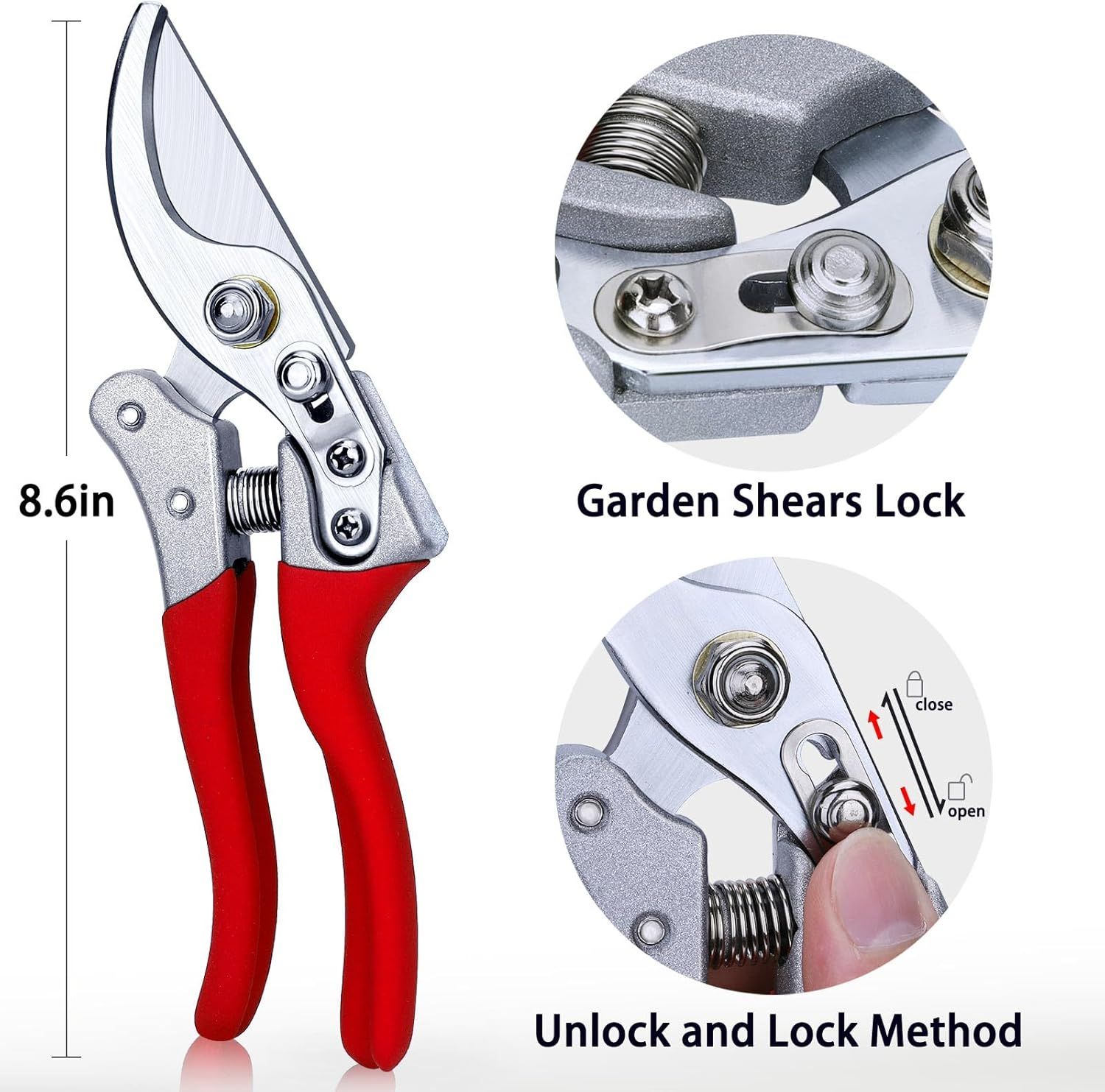 This image breaks down the garden shears by highlighting its key physical components and mechanisms—the locking feature and the lock/unlock method—while also…