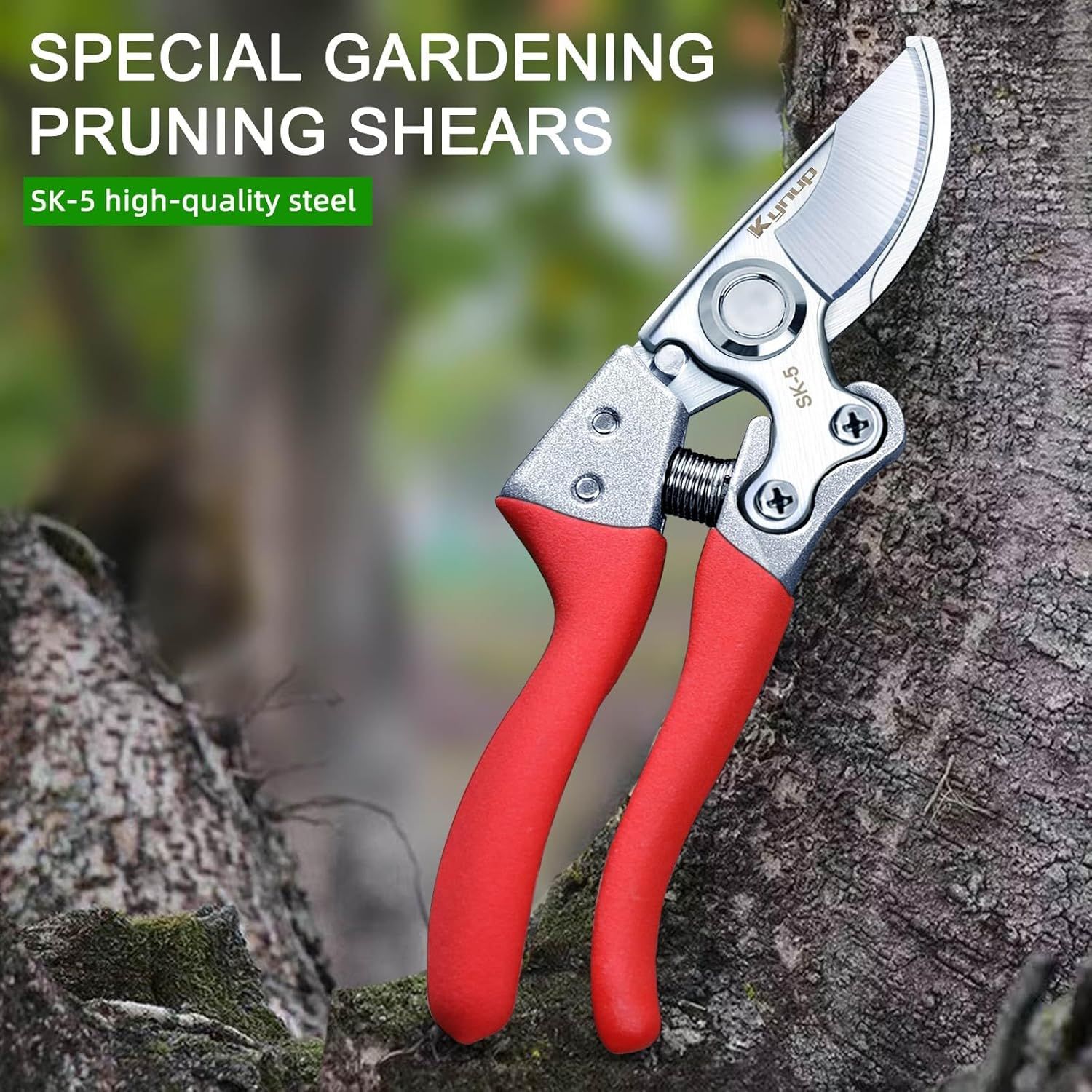 Highlights the premium steel material used in the pruning shears to communicate durability and quality to gardeners looking for reliable tools.