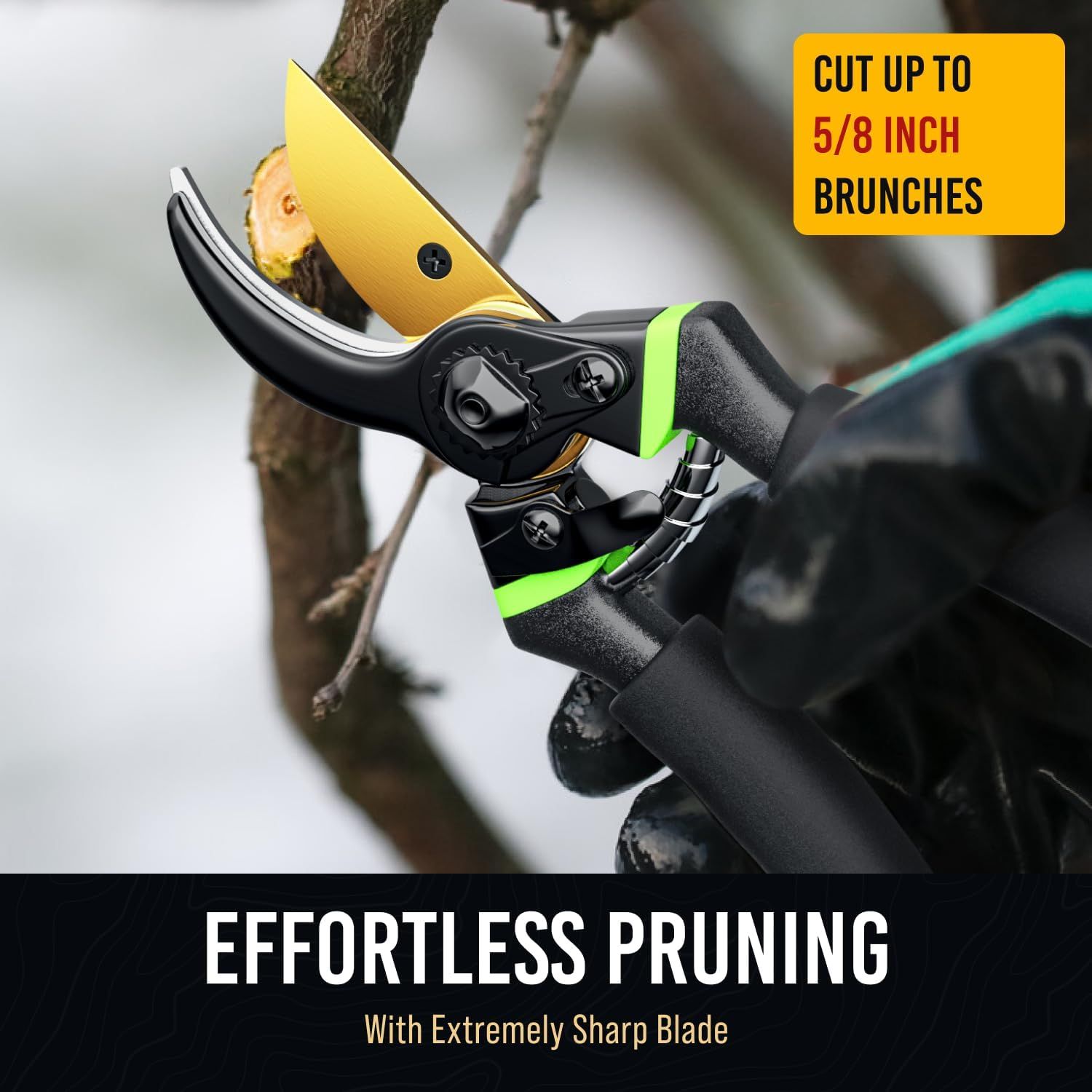 Communicates the maximum cutting capacity of the pruning shears to help shoppers understand the tool's performance capability for branch thickness. Highlights the ease of use and blade sharpness to…