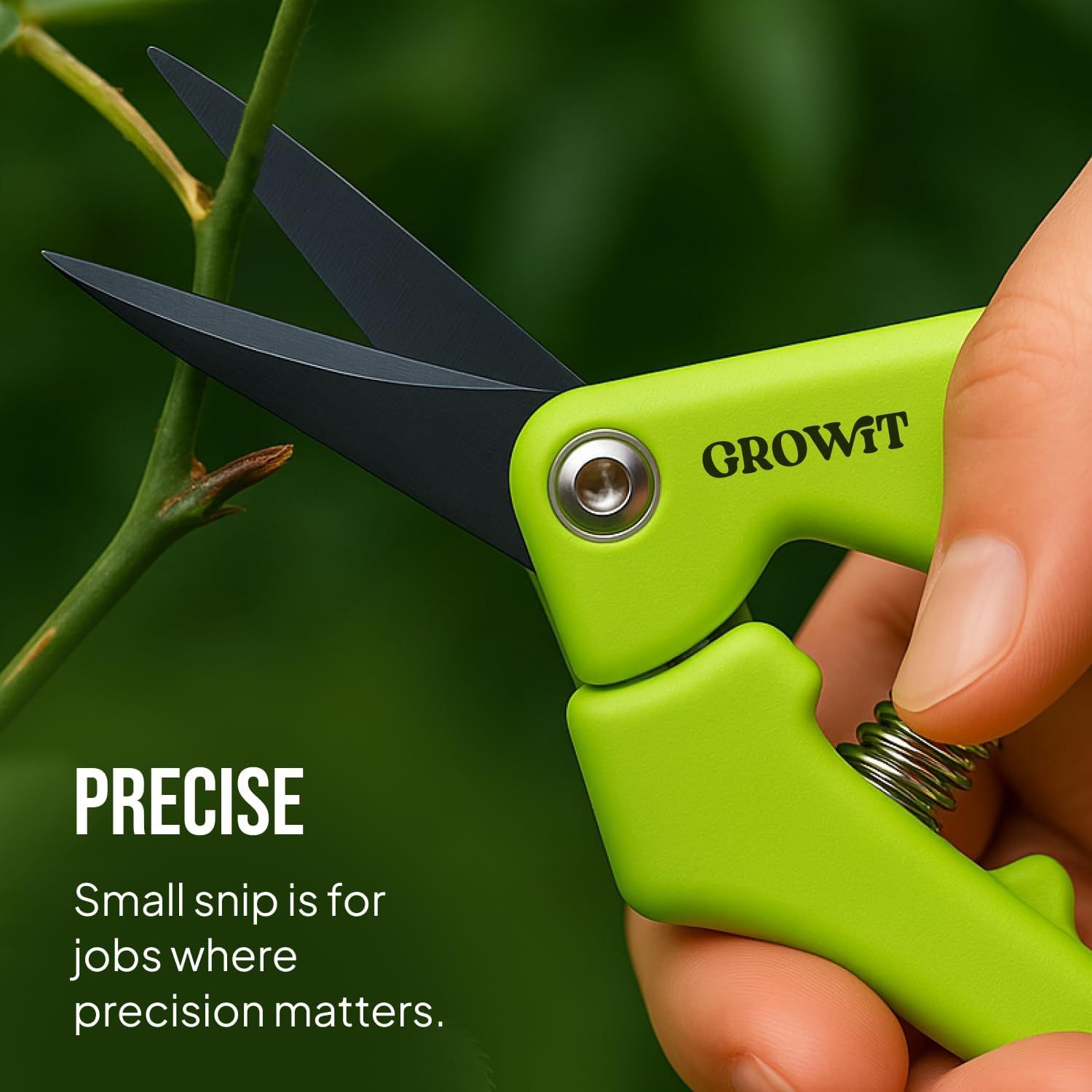 Highlights the product's precise cutting capability for detailed gardening work, reassuring shoppers that the small snip design enables accurate trimming where precision matters.