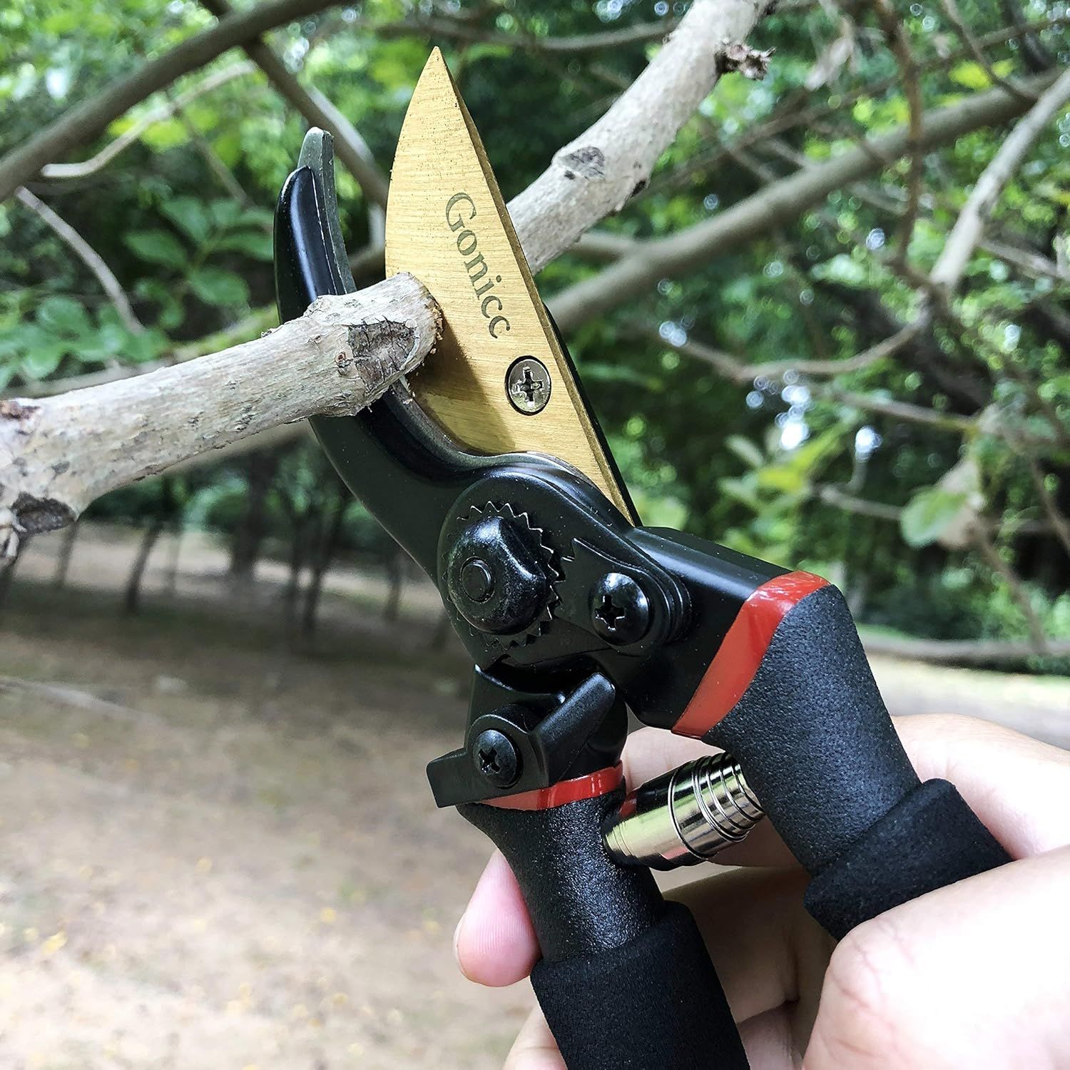 Demonstrates the product in a real-world gardening scenario, showing the pruning shears actively cutting a branch to help shoppers visualize practical use.
