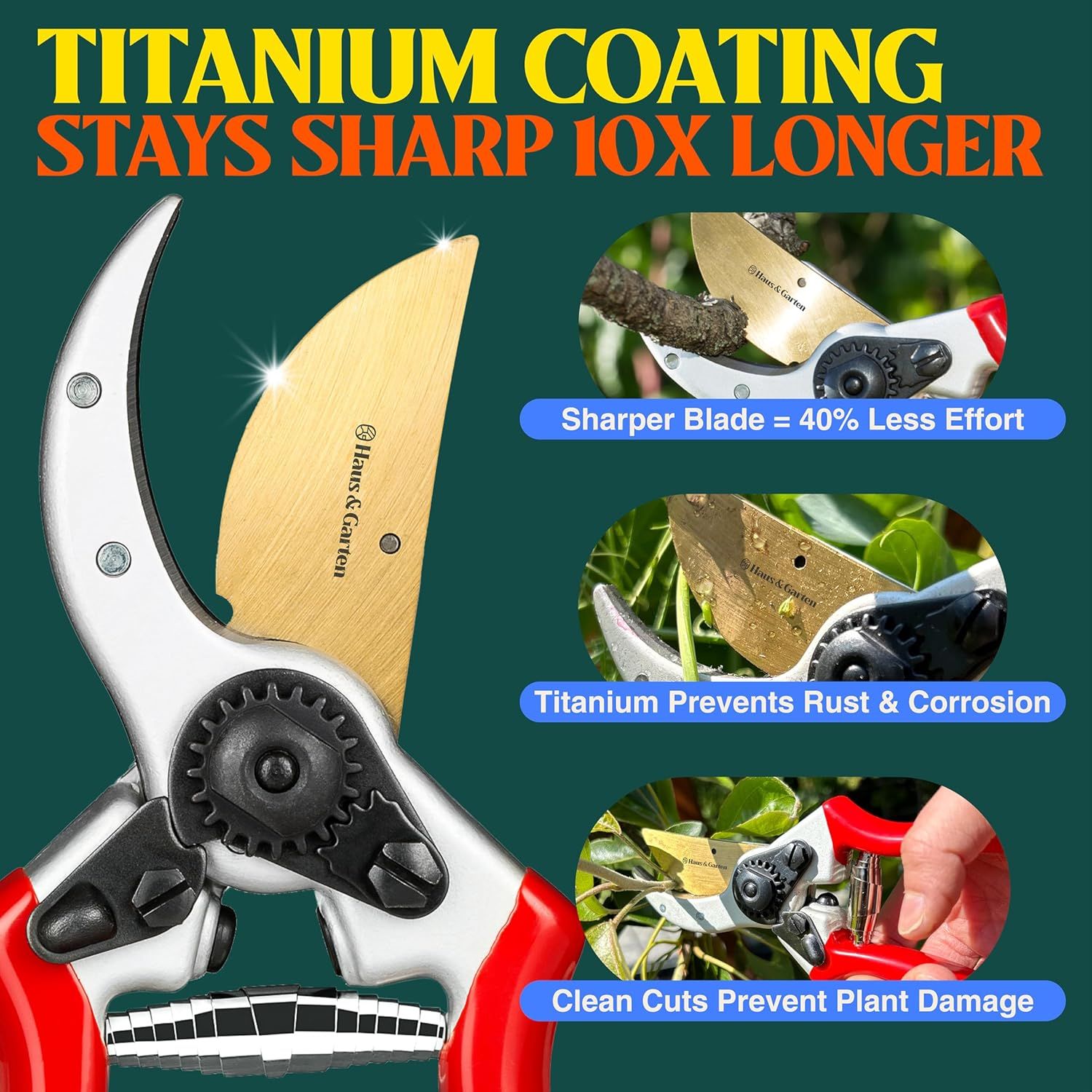 Communicates multiple benefits of the titanium-coated blade through a segmented layout: stays sharp 10x longer with 40% less effort, prevents rust and…
