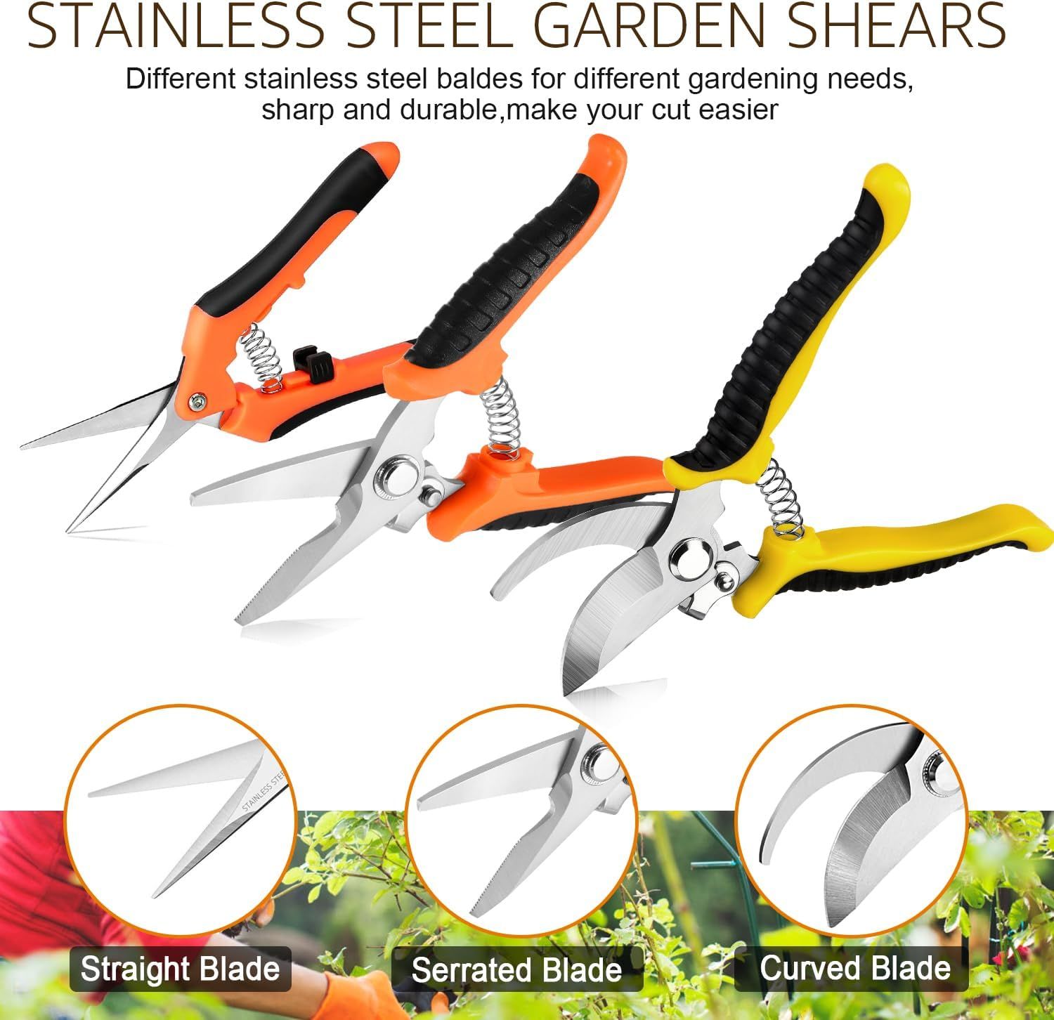 Breaks down the different blade types (straight, serrated, curved) available in the garden shears set to help shoppers understand which blade is suited for…