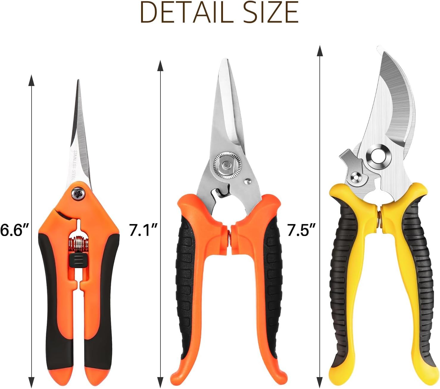 Communicates the exact physical size of three different pruning shears/scissors to help shoppers understand and compare the dimensions of each tool before…