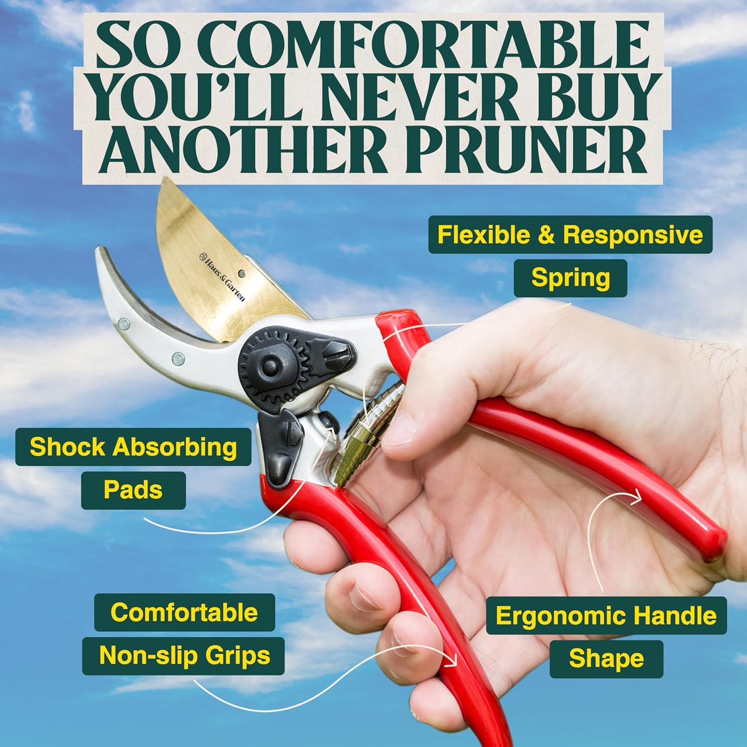 This image breaks down the physical components and design features of the pruner to show shoppers what makes it comfortable and effective, highlighting the spring mechanism, shock-absorbing pads,…