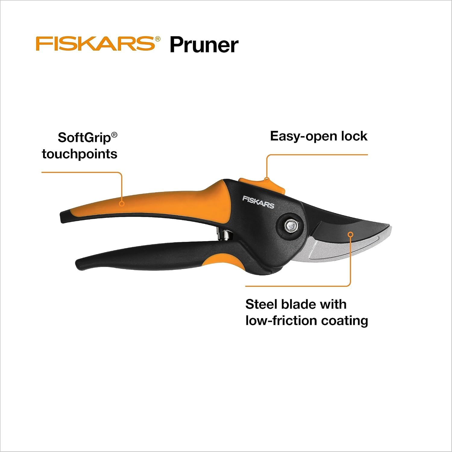 Breaks down the key physical components and features of the Fiskars pruner to help shoppers understand the product's construction and functional design…