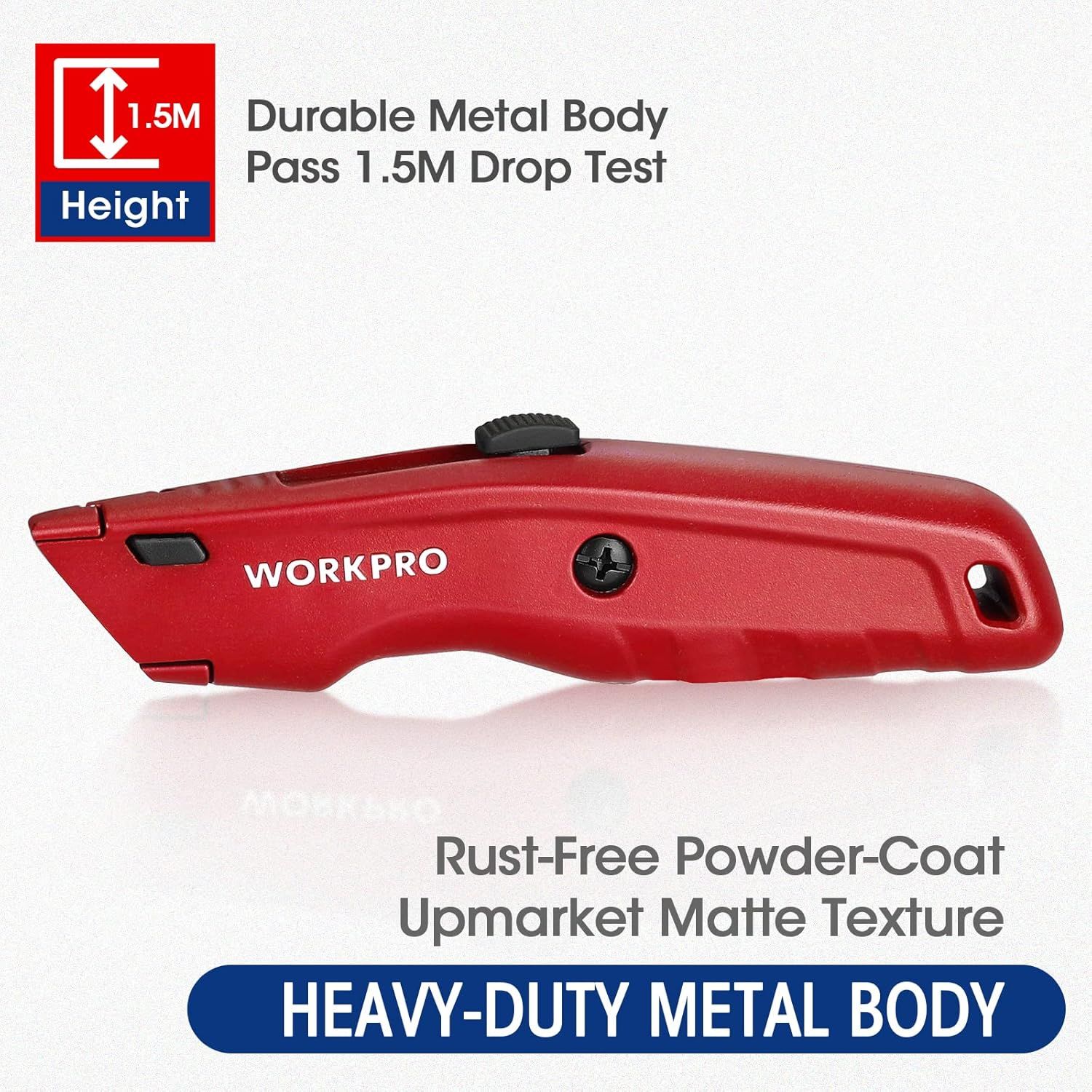 Communicates multiple durability and quality benefits of the metal utility knife, including its ability to withstand 1.5M drops, rust-free coating, and…