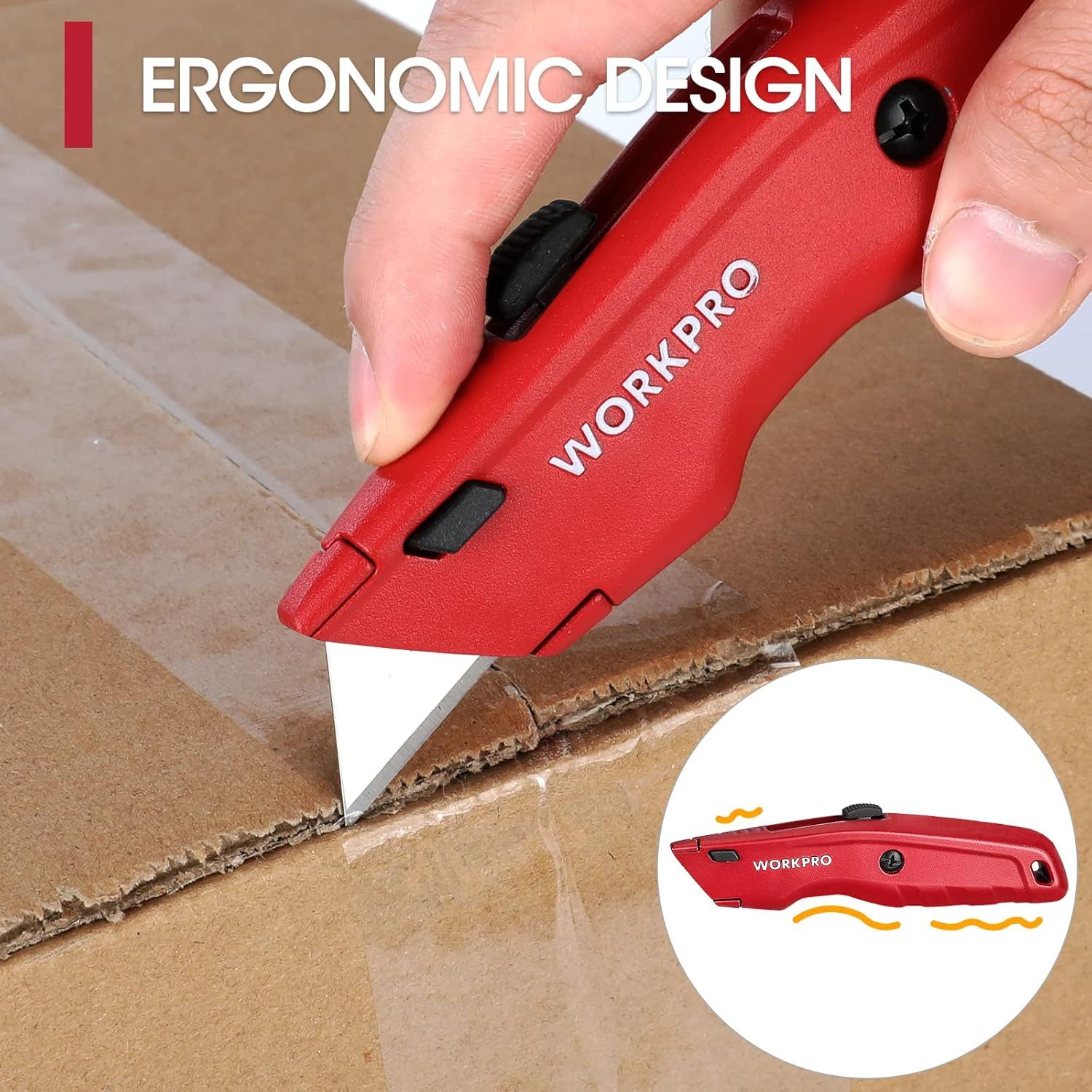 Highlights the ergonomic design of the utility knife to communicate comfortable grip and ease of use during cutting tasks.