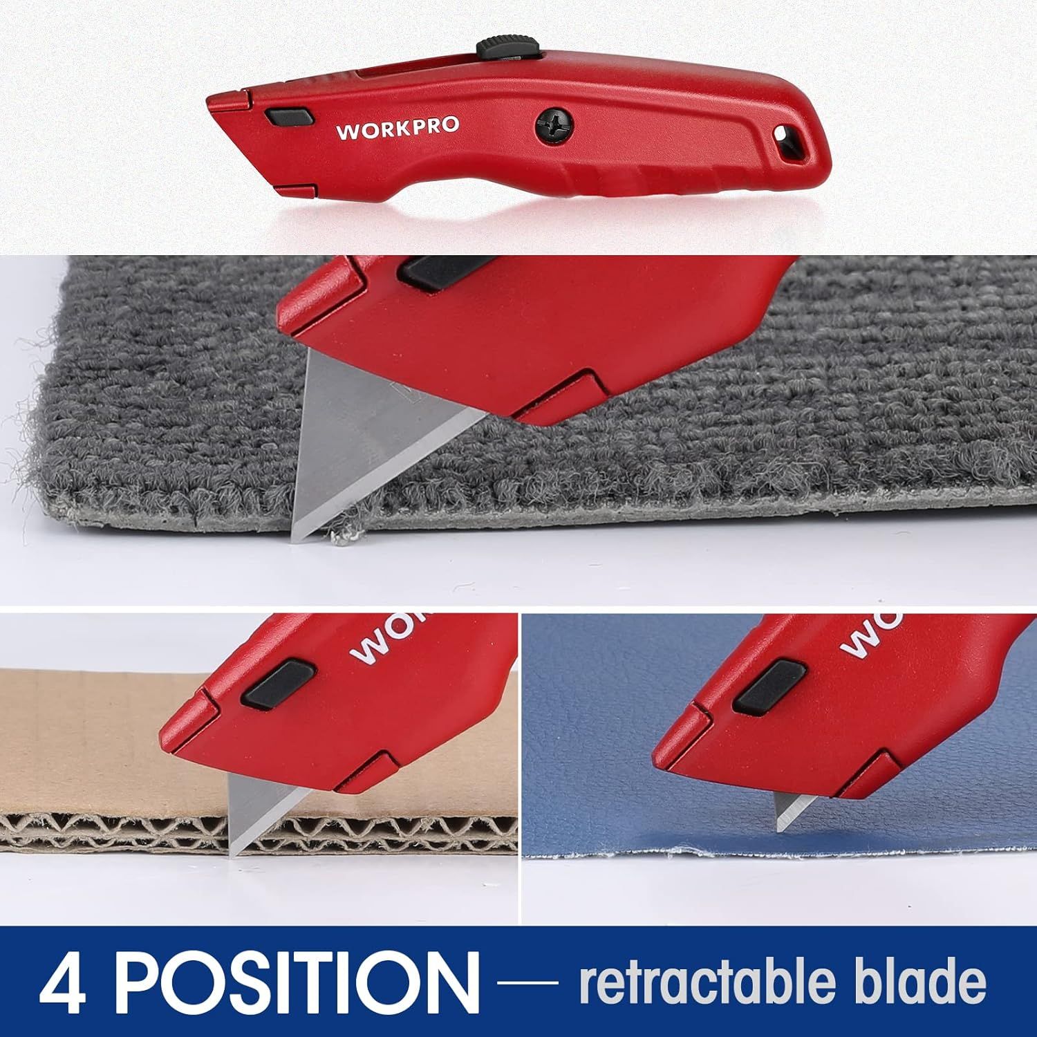Demonstrates the utility knife's versatility by showing it cutting through multiple different materials (carpet, cardboard, fabric), reassuring shoppers it can handle various cutting tasks.…