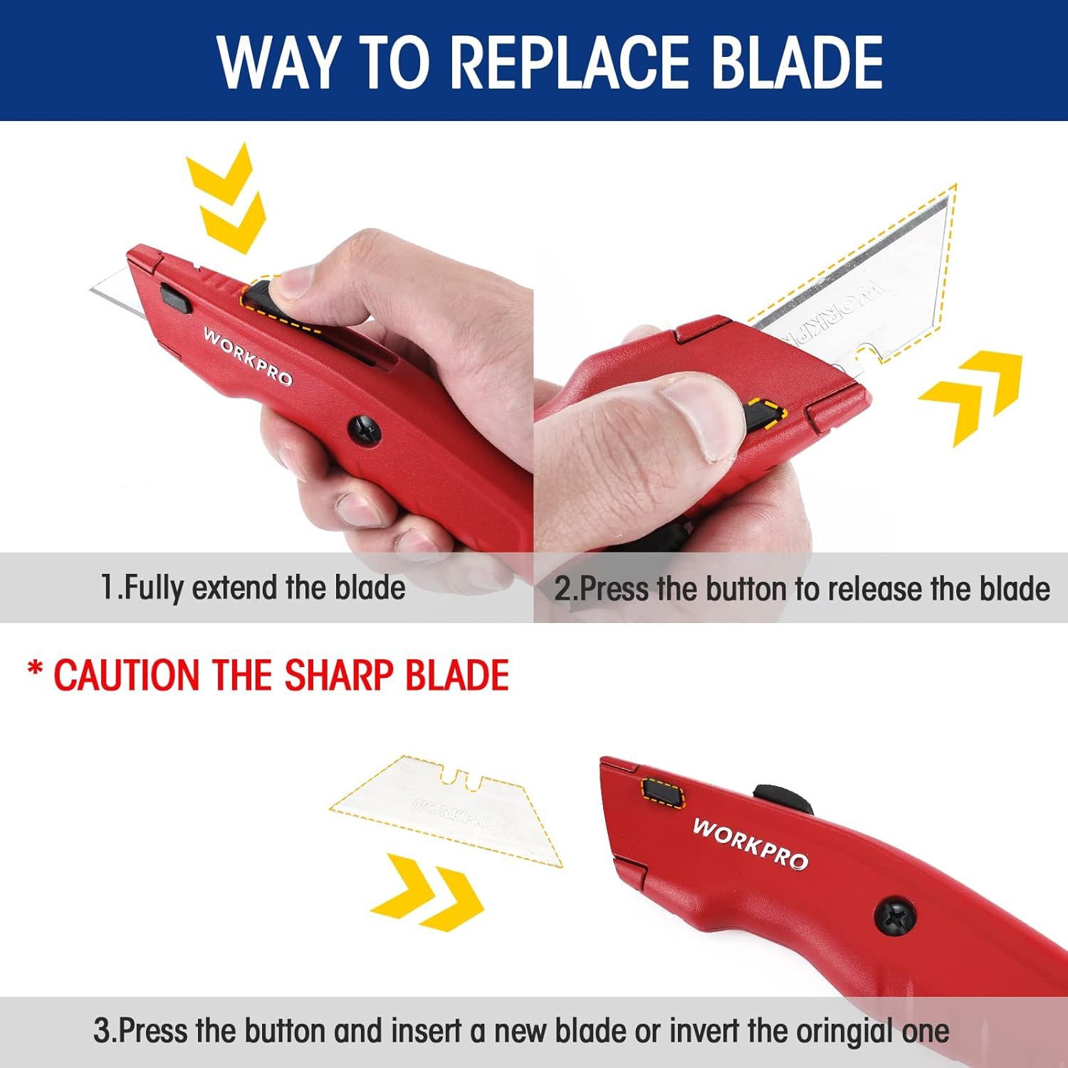Provides step-by-step visual instructions on how to safely replace the blade on the utility knife, reassuring shoppers that maintenance is simple and…