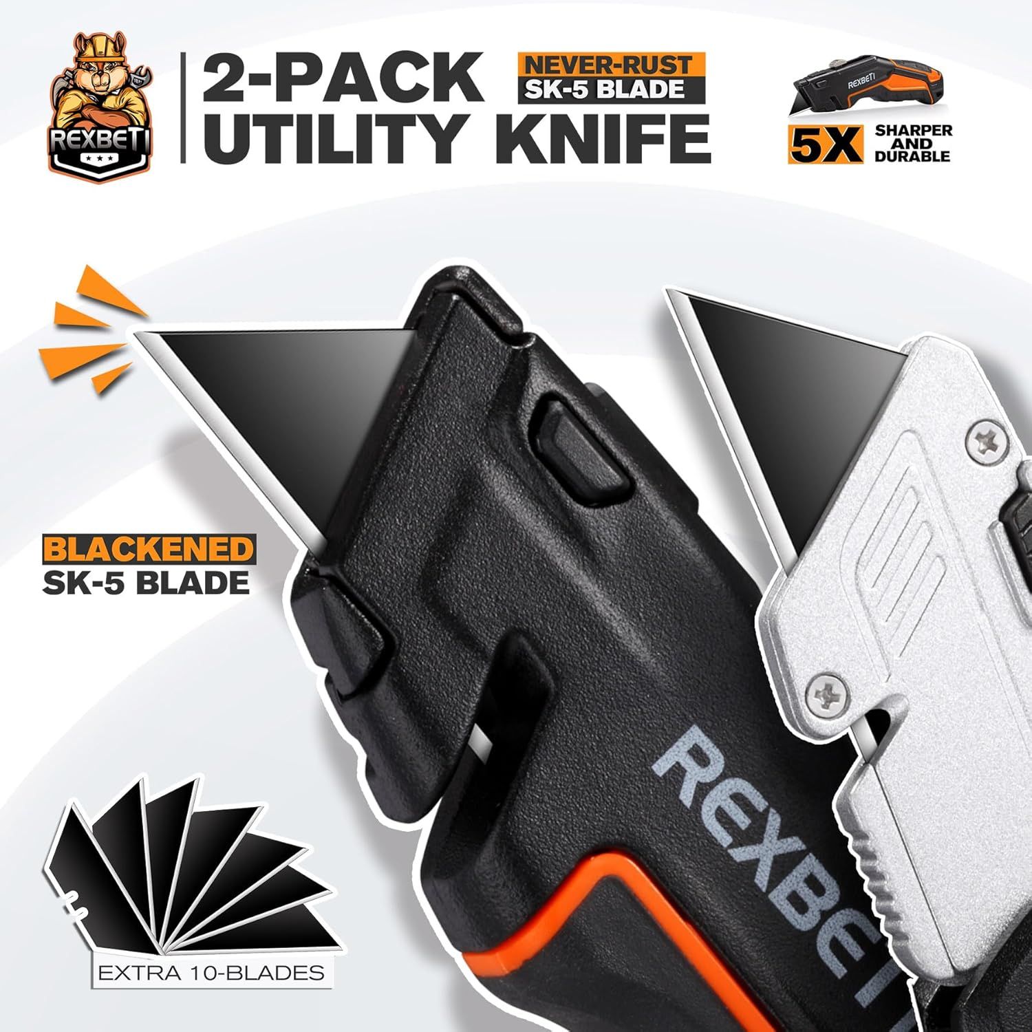 Shows the customer everything included in the purchase: two utility knives (one black, one silver) plus 10 extra replacement blades, emphasizing the value and…