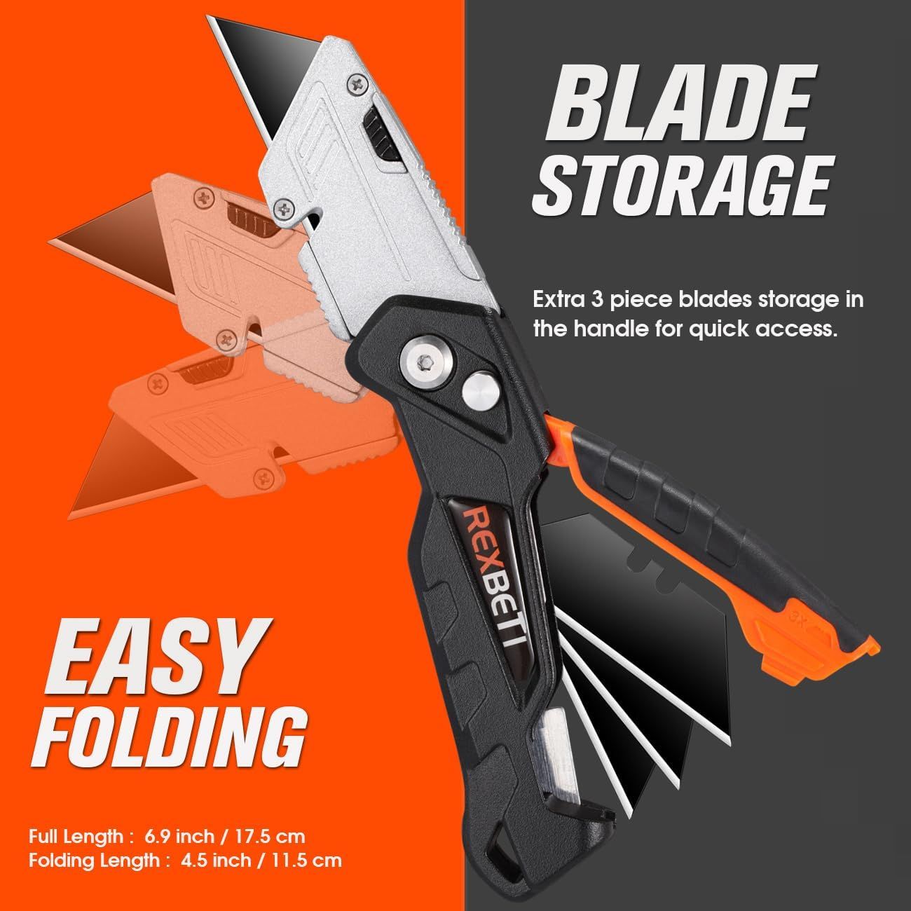 Communicates multiple key benefits of the utility knife including built-in blade storage for convenience, easy folding mechanism, and compact dimensions to…