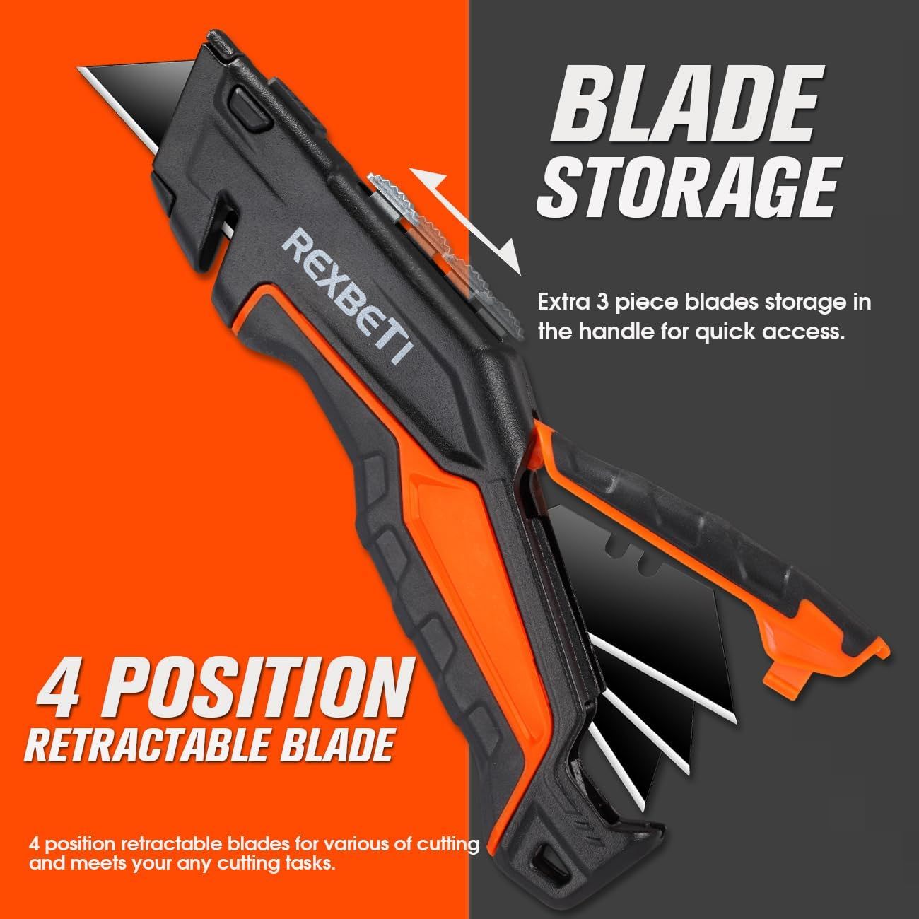 Communicates two distinct product benefits in a segmented layout: the blade storage feature for convenience and the 4-position retractable blade for…
