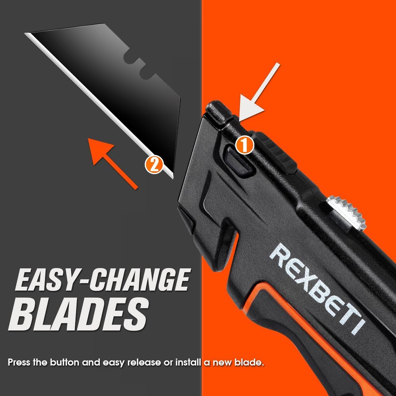 Demonstrates the simple two-step process for changing blades on the utility knife, reassuring shoppers that blade replacement is quick and hassle-free.…